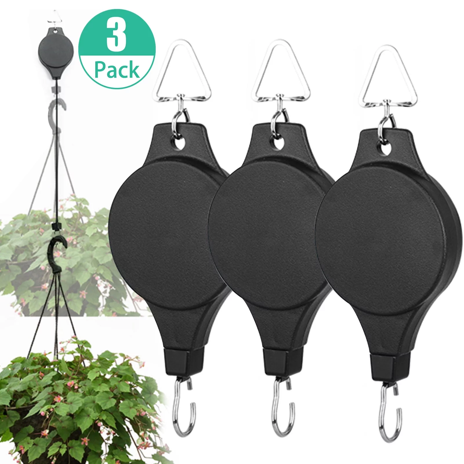 EEEKit 4/3/2/1 PACK Plant Pulley Retractable Hanger, Hanging Planters Flower Basket Hook, Plant Hanger Hanging Garden Baskets Pots and Birds Feeder Hang High Up and Pull Down to Water and Feed, Black