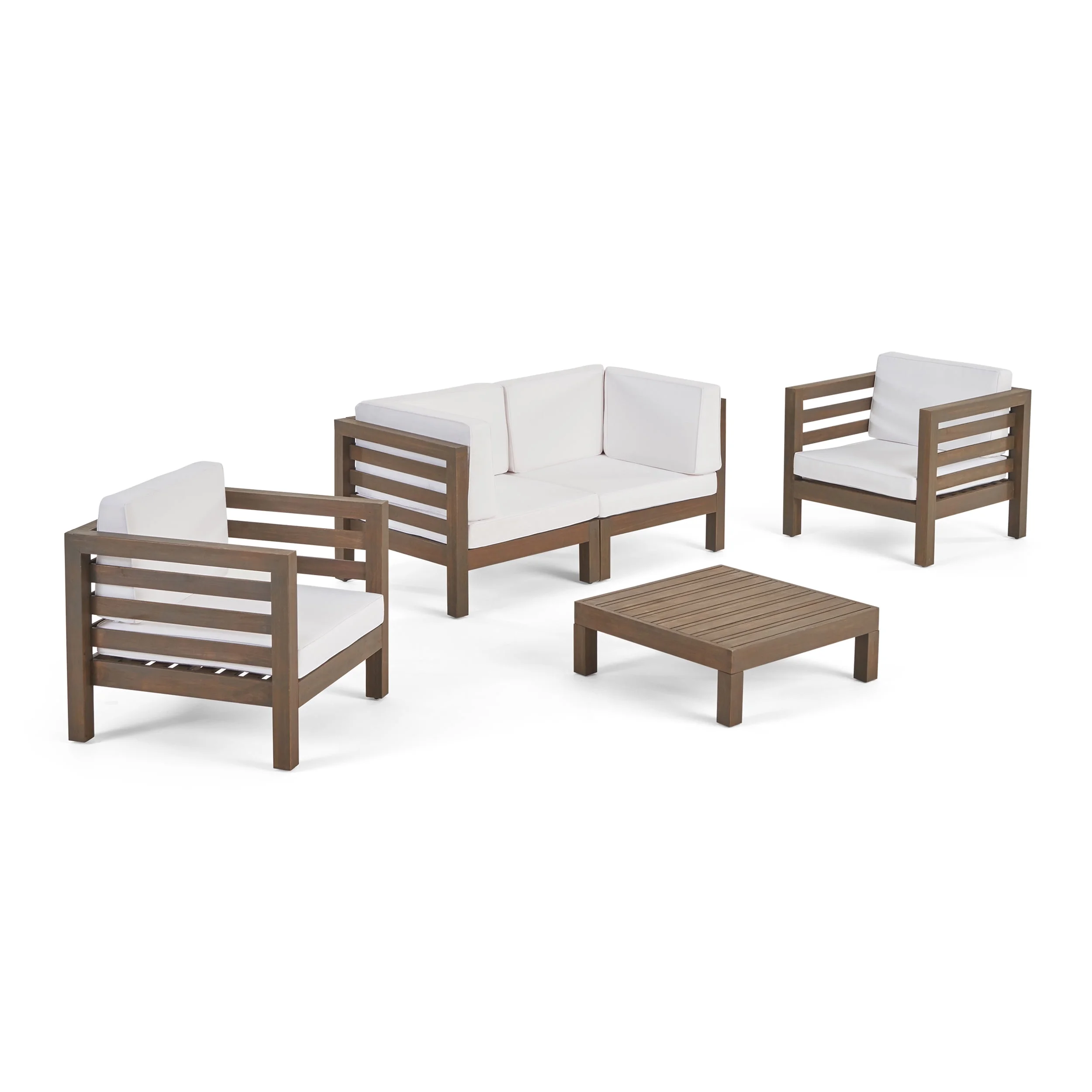 GDF Studio Emma Outdoor 4 Seater Acacia Wood Loveseat Chat Set, Gray Finish and White
