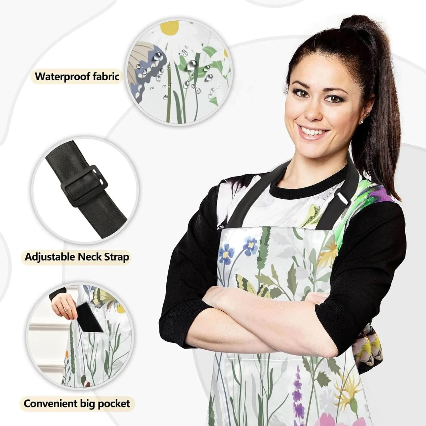 Bestwell Butterfly Flowers Kitchen Apron Sets,1 Waterproof Apron with Pockets 2 Oven Mitts & 2 Pot Holders Kitchen Accessories Set Adjustable Strap for Kitchen Cooking