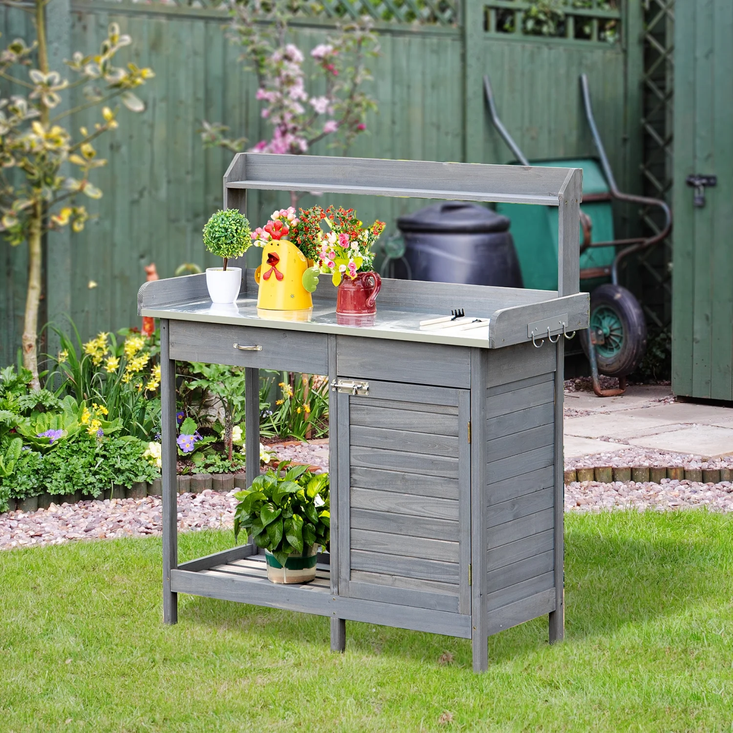 GUIOIHDC Outdoor Potting Bench   Garden Work Station with  Cabinet  Open  and Steel Tabletop  Gray