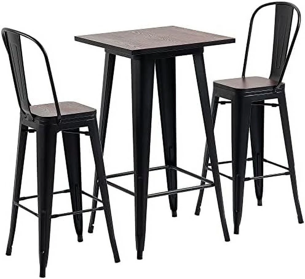 ZWGHLI 3 Piece Industrial Dining Table Set   Height  Table and Chairs Set with Footrests for Bistro  Pub  Black  and Brown