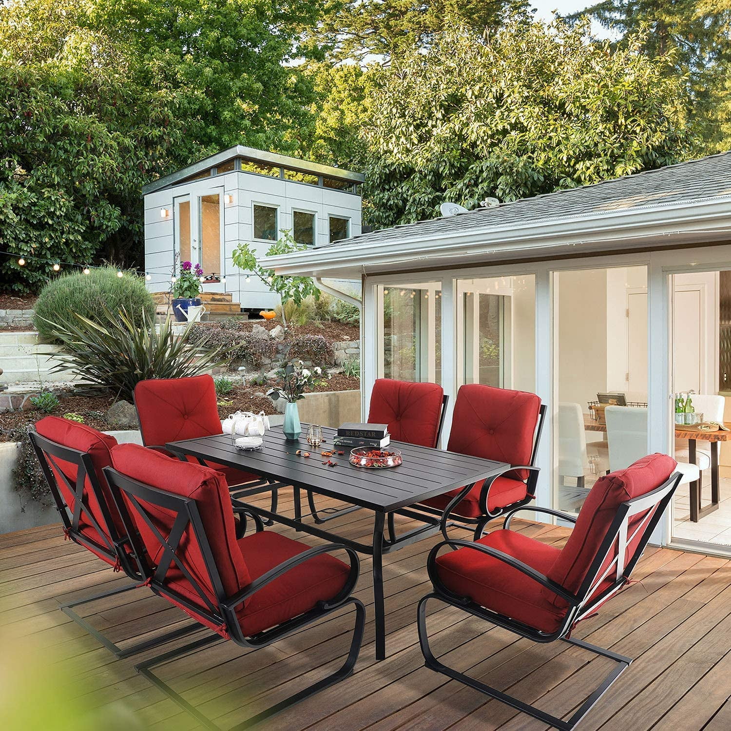 7 Piece Outdoor Patio Dining Set 6 Spring Motion Cushion Chairs  1 Rectangular Table with 1.57" Umbrella Hole Furniture Sets for Lawn Backyard Garden  Red