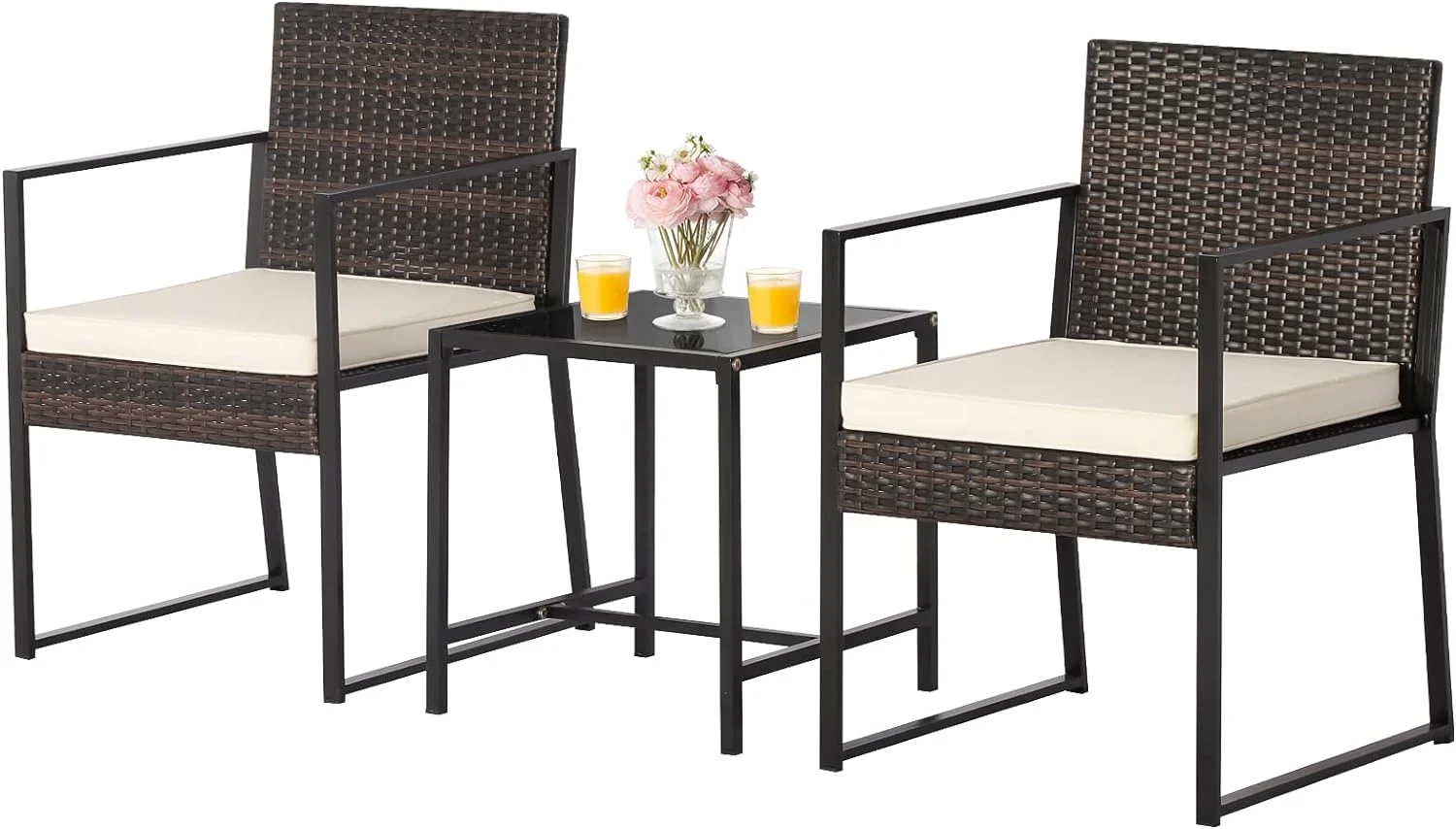 Dina 3 Pieces Patio Furniture Set Outdoor Rattan Wicker Conversation Set  Bistro Chairs with Tempered Glass Coffee Table & Soft Cushions Set for Backyard Garden Poolside