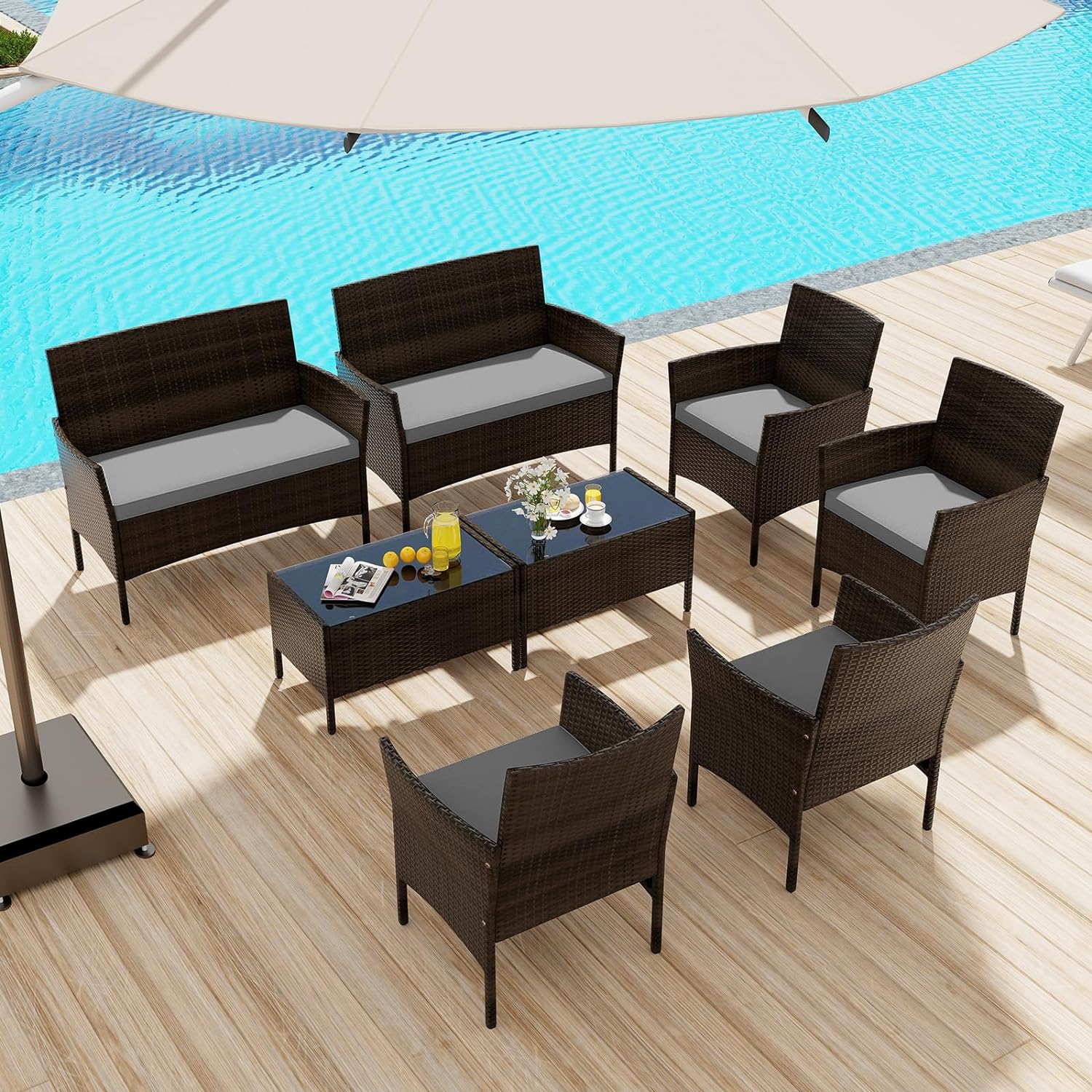 Dina 4 Piece Patio Furniture Set  Outdoor Rattan Conversation Set with Loveseat  Wicker Chairs  Tempered Glass Coffee Table  Wicker Patio Set for Backyard  Porch (Grey)