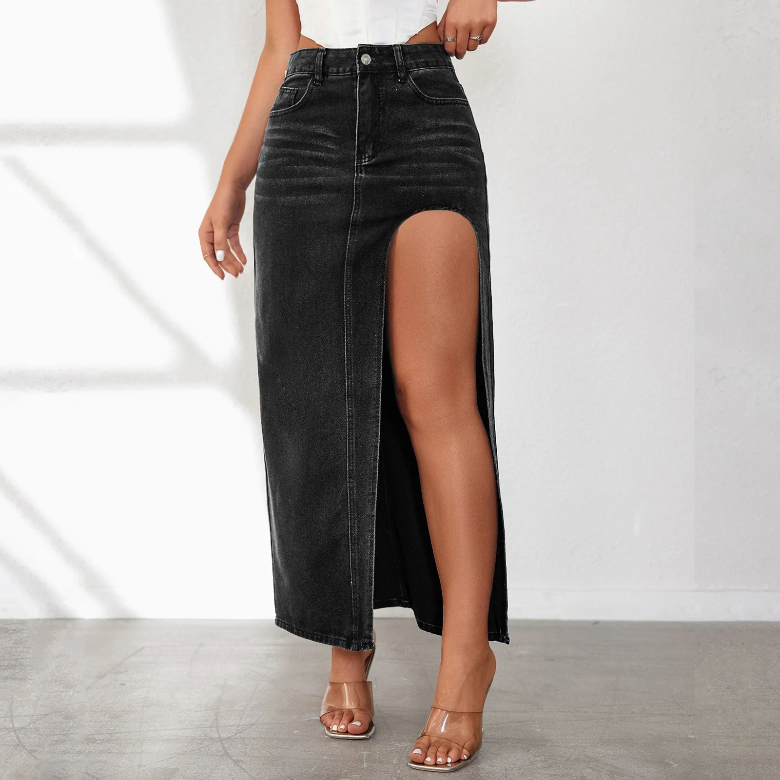 Autumn Tennis Skirt Women Fashionable Design High Slit Spring And Summer Washed Solid Color Mid Length Skirt Denim Skirt Skirt Sets Women 2 Piece Outfits For