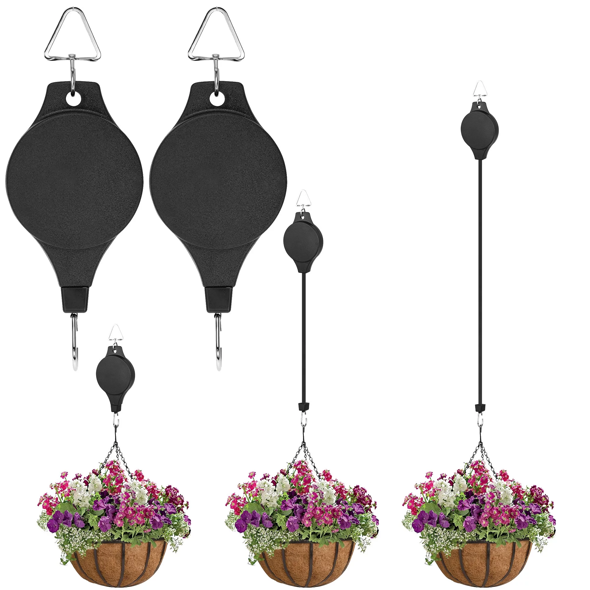 TSV 2pcs Plant Retractable Pulley, Hanger Hanging Planters Flower Basket Hook for Garden Baskets, Pots, and Birds Feeder Hang (High up and Pull Down)