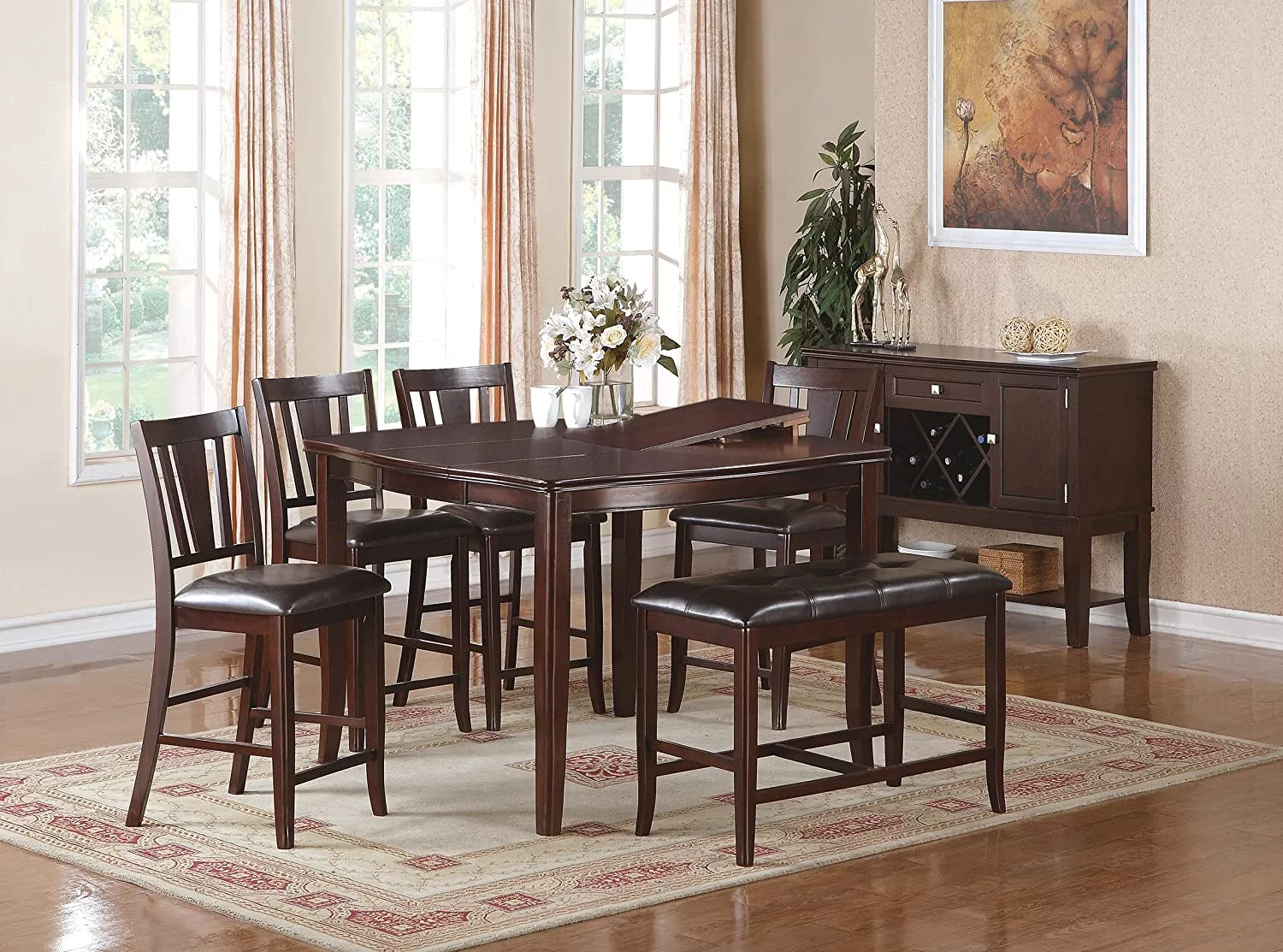 Contemporary Counter Height Dining 6pc Set Table w Butterfly Leaf 4X Chairs A Bench Brown Finish Rubberwood Chairs Cushions Kitchen Dining Room Furniture