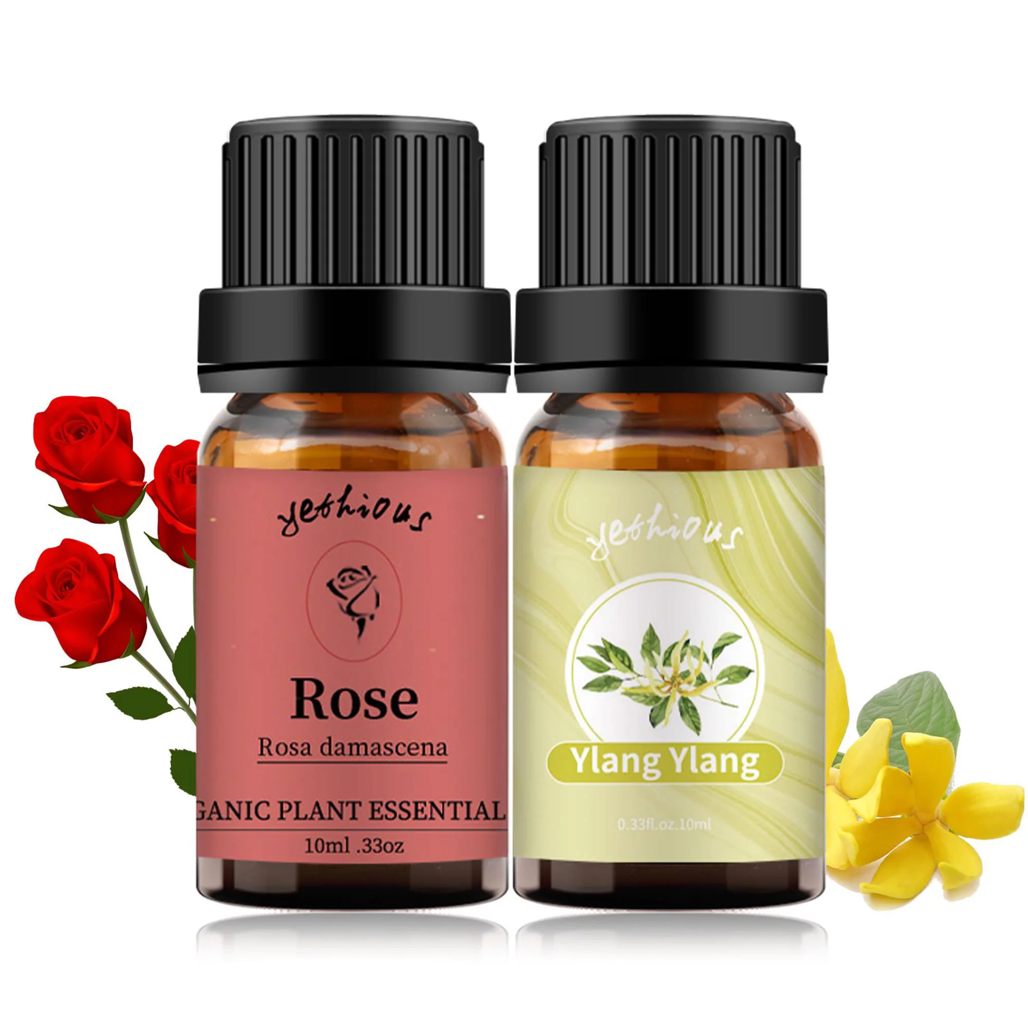 Yethious 2 Pack Ylang Ylang Essential Oil Rose Essential Oil 10ml For Diffuser 100% Pure Organic Aromatherapy