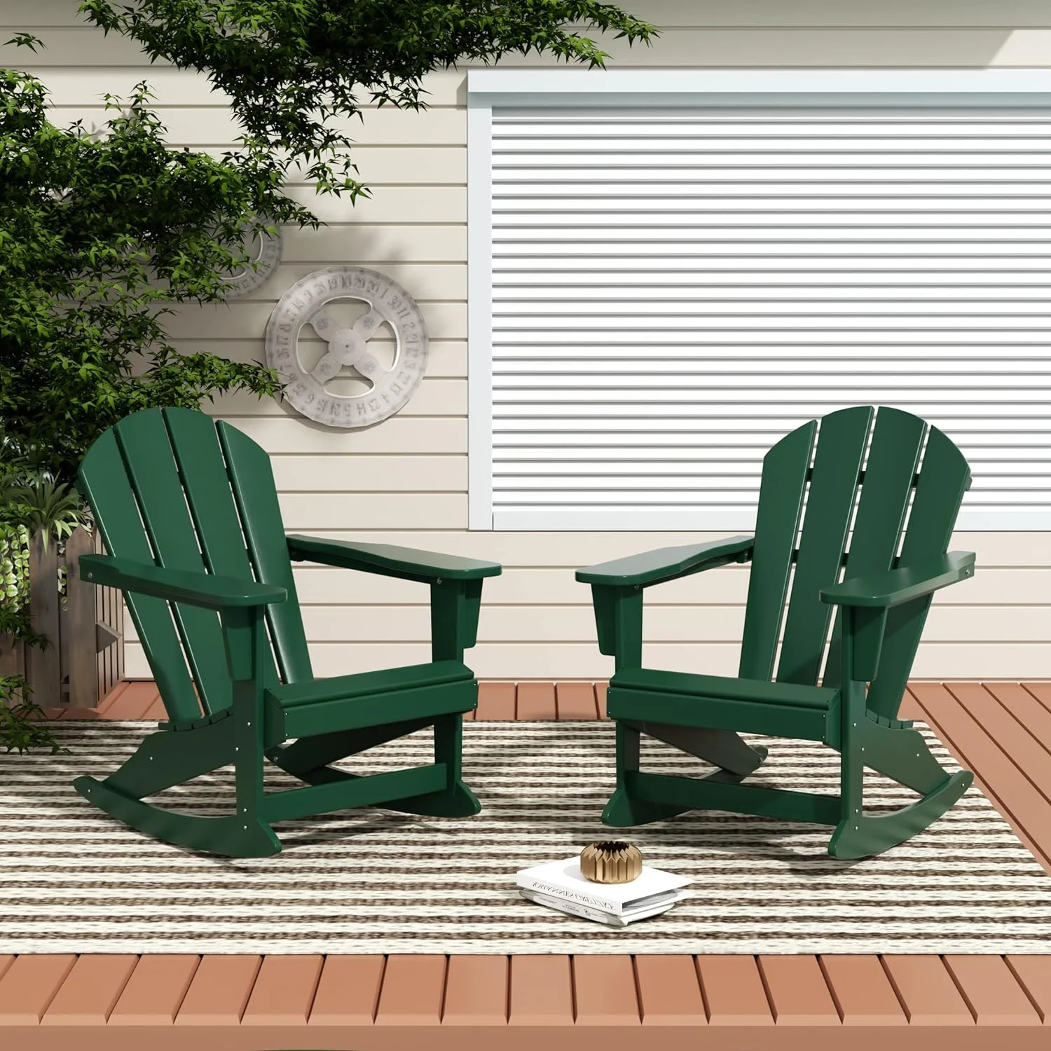 Home Furniture Patio Rocking Chair 2PCS  HDPE Adirondack Rocker Chair For Lawn Garden Porch (Dark Green)