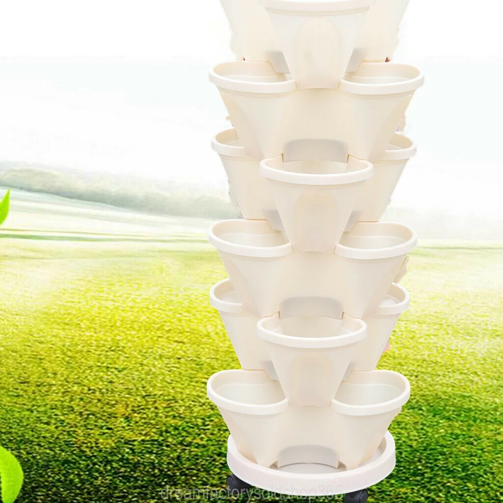 Miumaeov 6 Tier Vertical Garden Tower Plastic Milky Fit Plant Flower Veg Pots Stack
