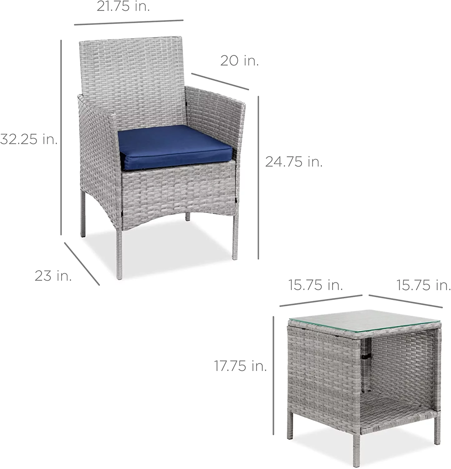 3-Piece Outdoor Wicker Conversation Bistro Set, Space Saving S Furniture for Yard, Garden w/ 2 Chairs, 2 Cushions, Side Storage Table - Gray/Navy