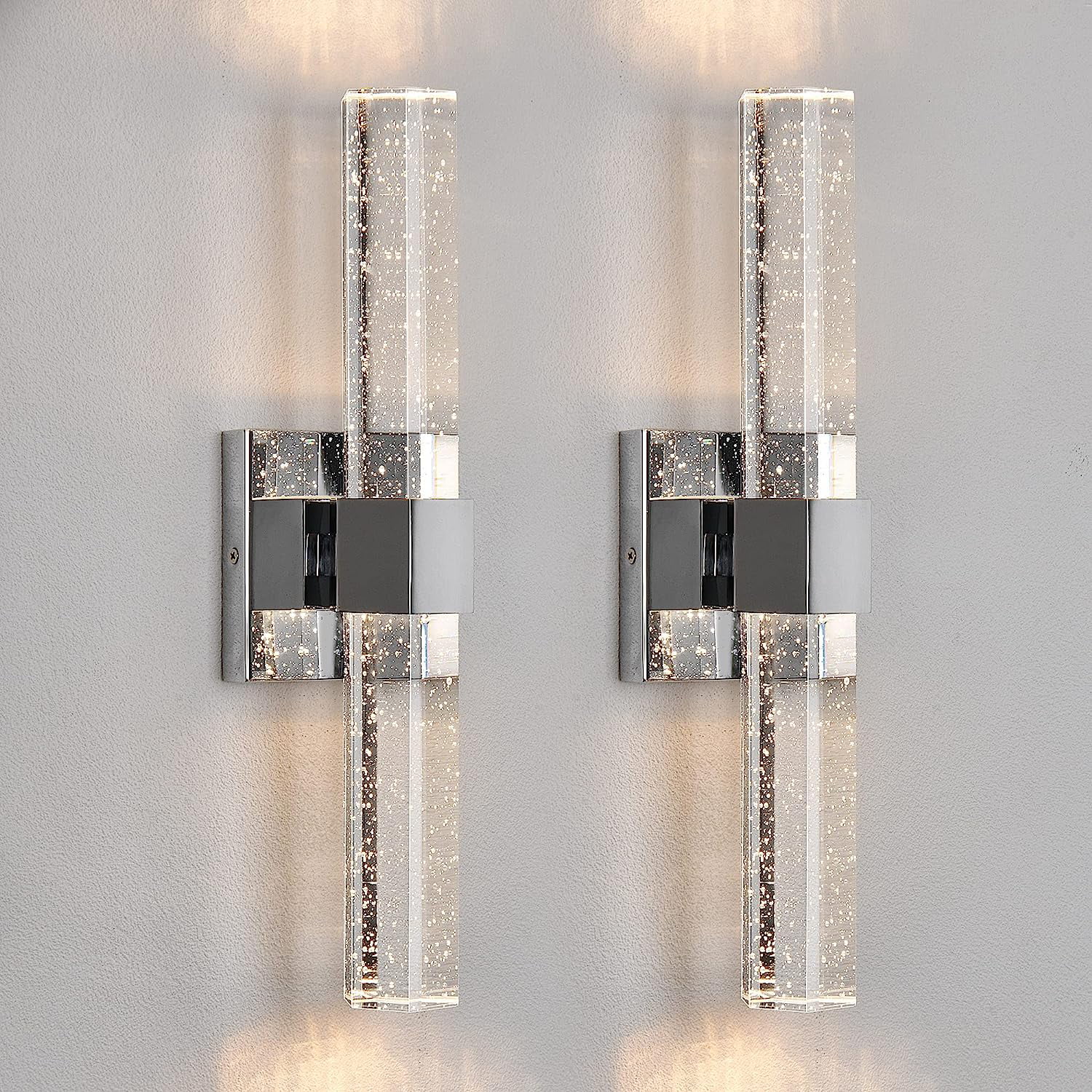 Wall Sconces Set of Two - Crystal Sconces Wall Lighting 14W Dimmable LED Bathroom Vanity Light Fixtures Chrome Bubble Wall Lights for Bathroom Hallway Bedroom Living Room (2 Pack)