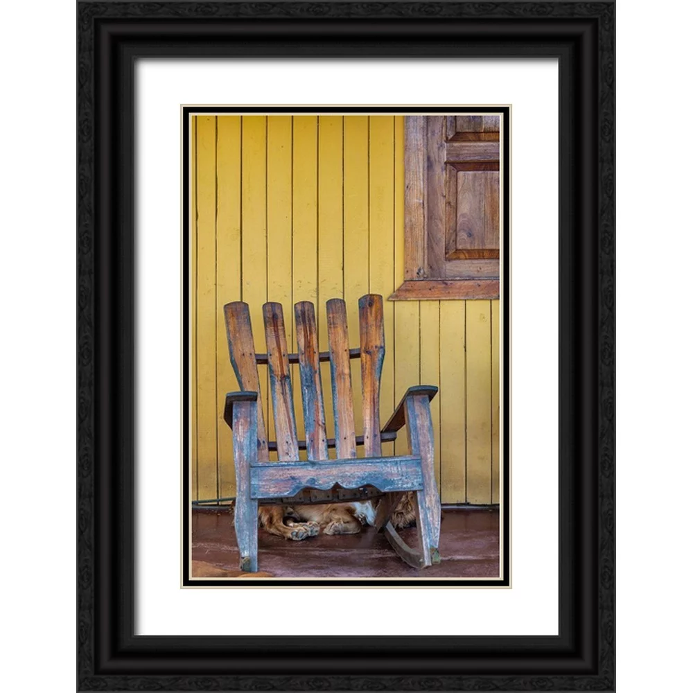 Miglavs, Janis 17x24 Black Ornate Wood Framed with Double Matting Museum Art Print Titled - A dog sleeps under a weathered Adirondack rocking chair in Vinales-Cuba,
