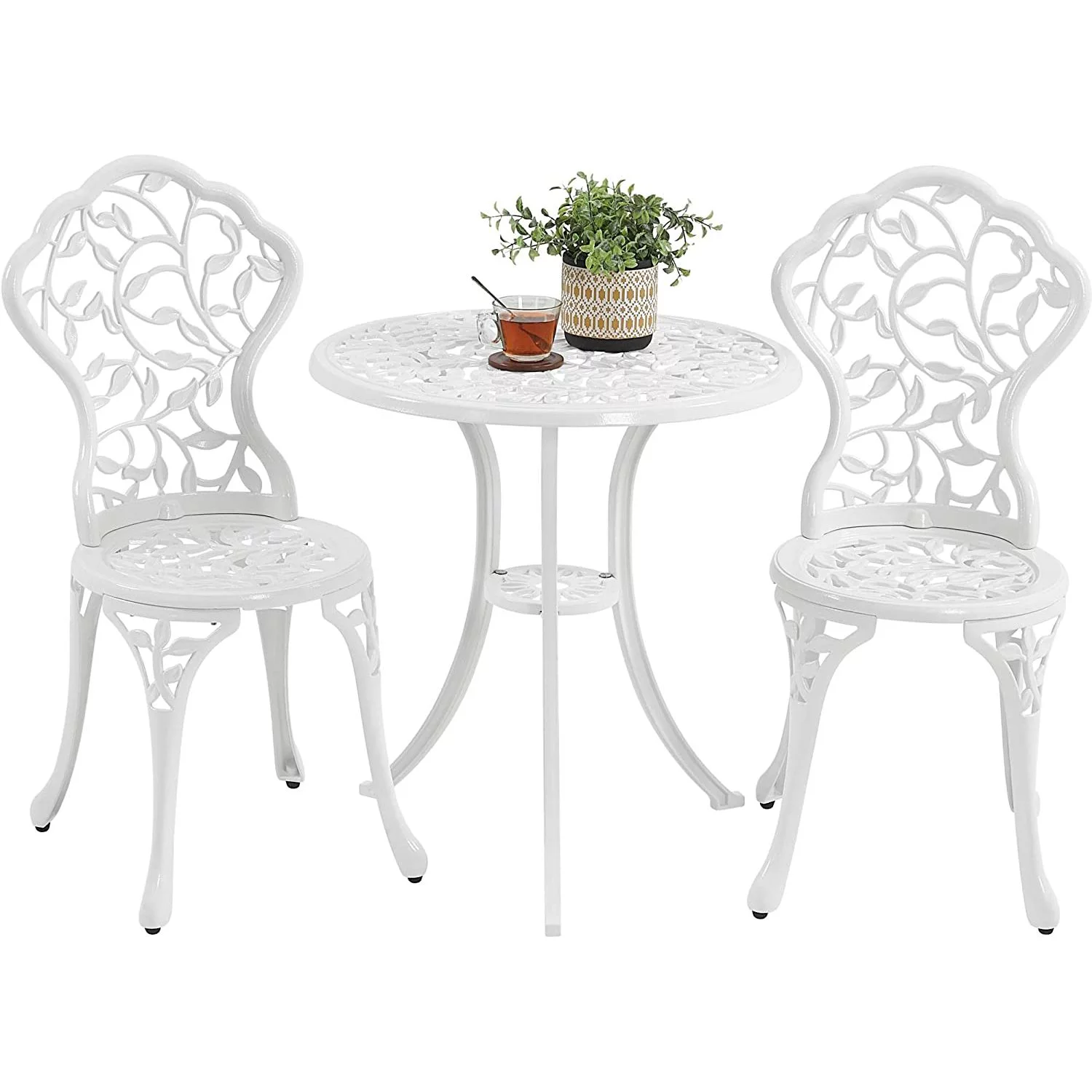 WJUN 3-Piece Outdoor Bistro Set w/Leaf Design, Rust-Resistant Cast Aluminum Table and Chairs for Balcony Backyard Garden
