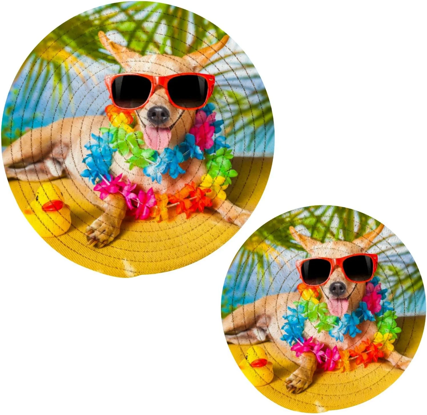 SKYSONIC Funny Doggy Flowers Pot Holders Trivets, 2 Pcs Heat Resistant Trivets,Summer Palm Tree Cotton Thread Weave Mats for Hot Pads Pans Pot Bowl Teapot for Kitchen Decor