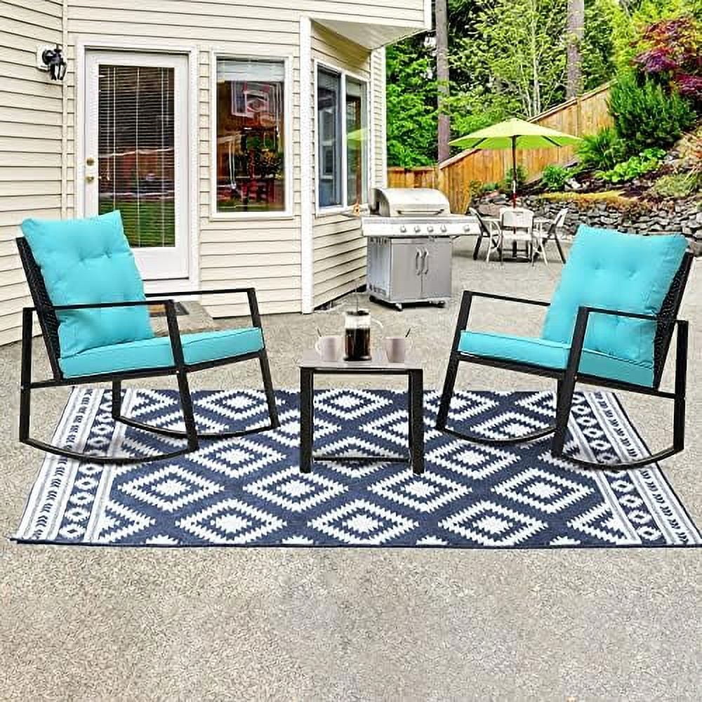 ASDRFYU 3 Piece Rocking   Patio Wicker Rocking Chair  Outdoor Rattan Rocker Chair with Glass Coffee Table  Wicker Rocker Chair for Garden  Porch  Backyard (Blue)
