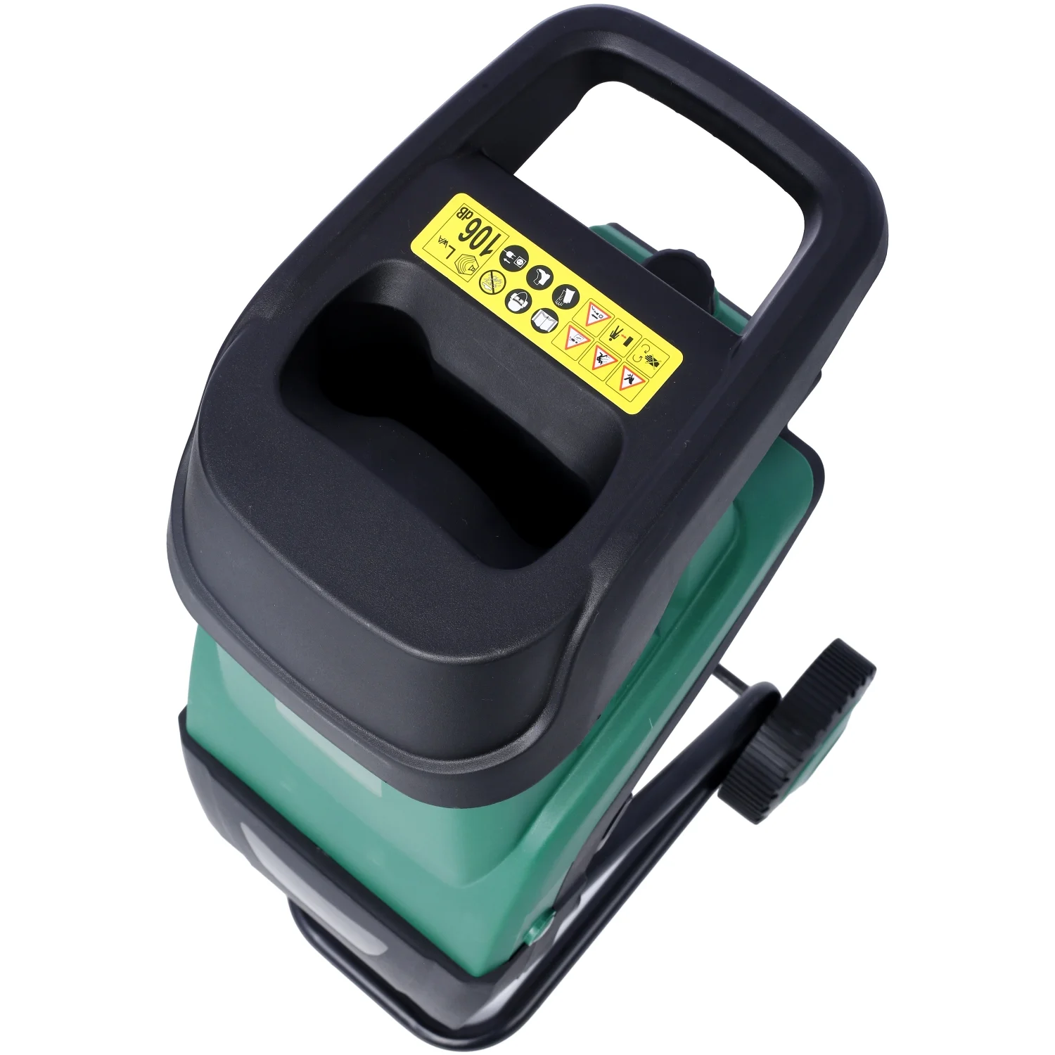 Efficient Green Portable Electric Wood Chipper/Shredder with Wheels - Featuring Double Sided Blade System and 15Amp Motor - Ideal for Yard Maintenance - Includes Auto Shut-Off and Chippin