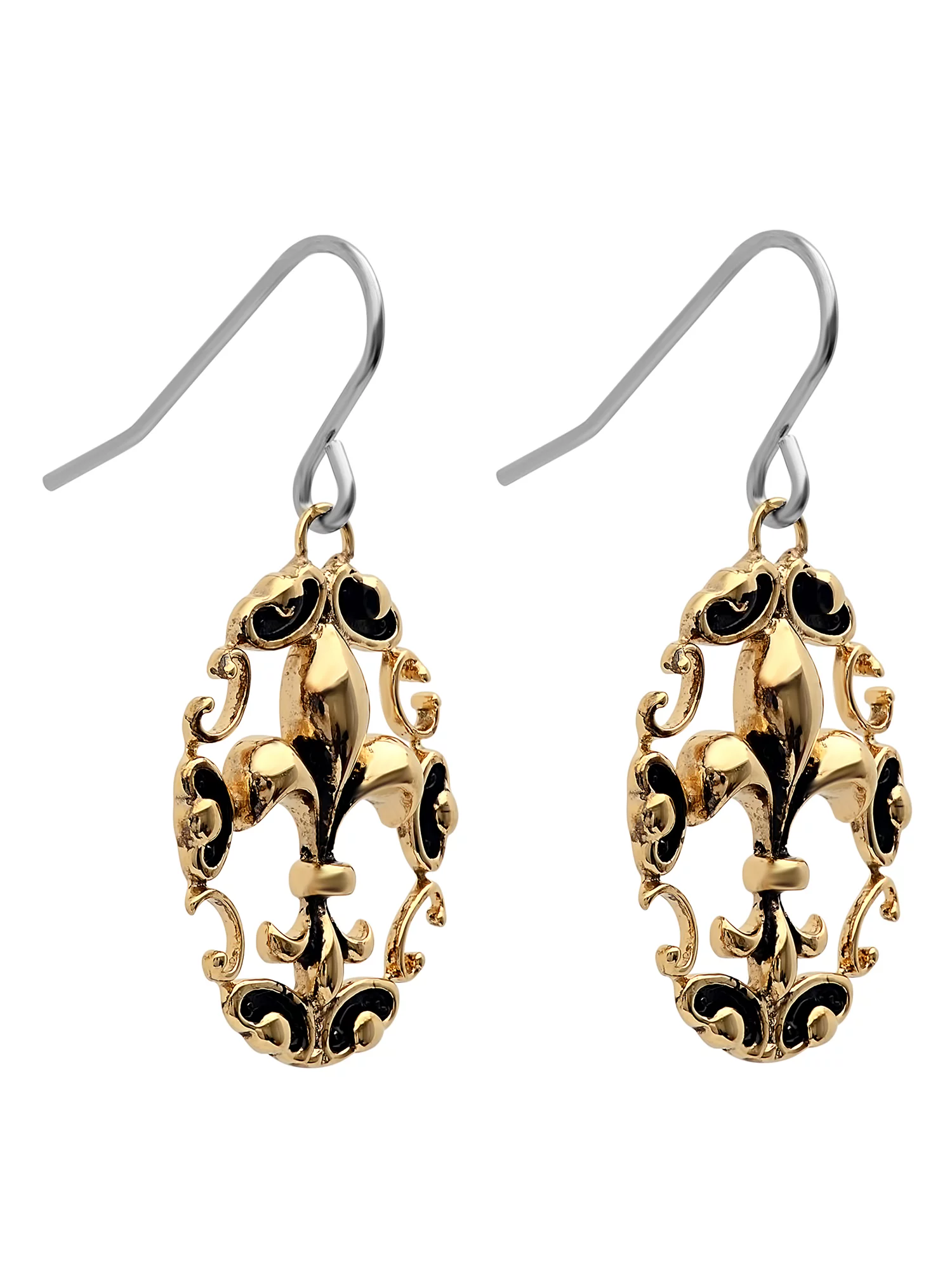 Womens Two-Tone Stainless Steel Antiqued Fleur-de-lis Dangle Earrings