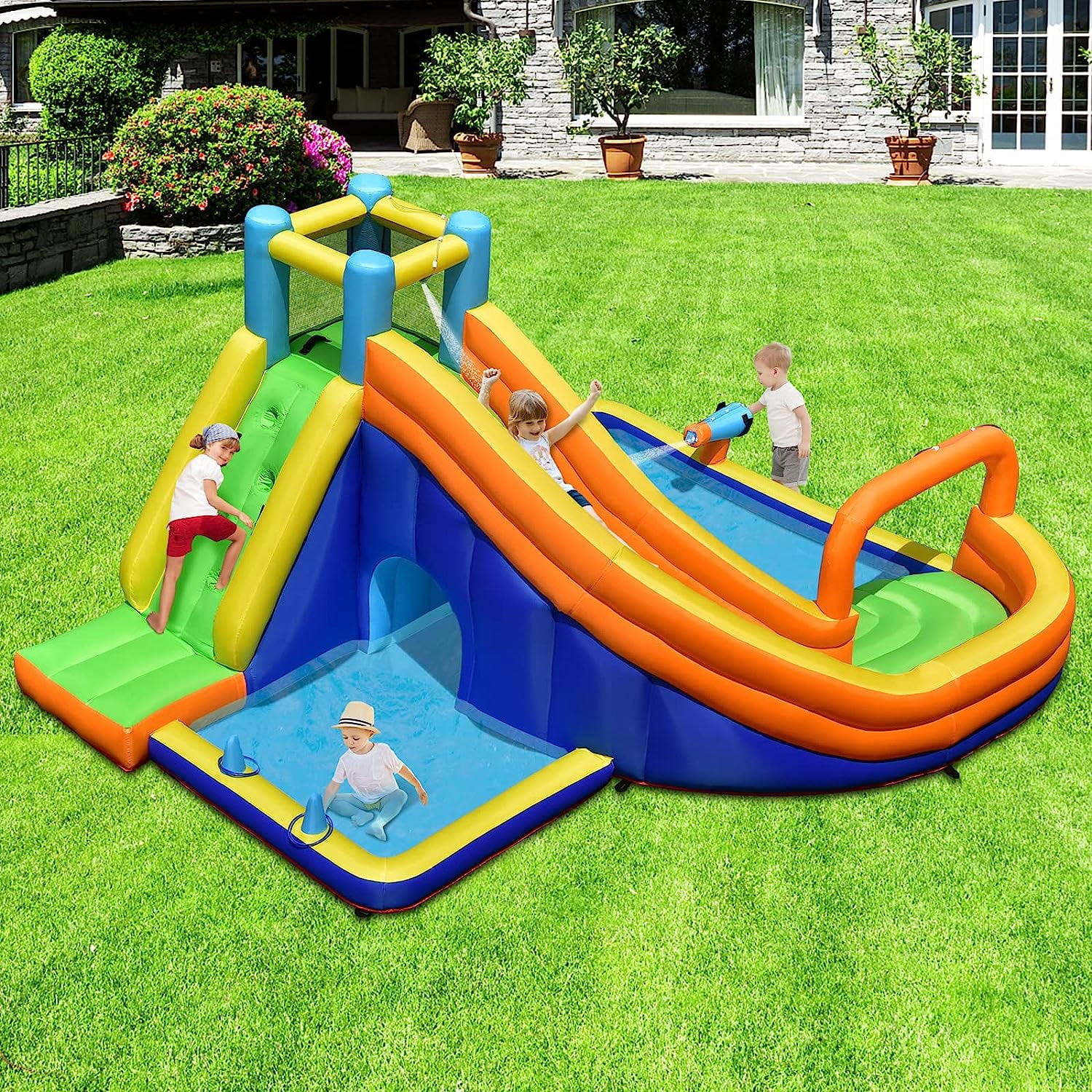 OLAKIDS Inflatable Water Slide, 8 in 1 Bounce House with Slide, Climbing Wall, Splash Pool, Basketball Rim, Water Gun, Tunnel, Outdoor Jumping Park with Hose, Stakes (Without Blower)