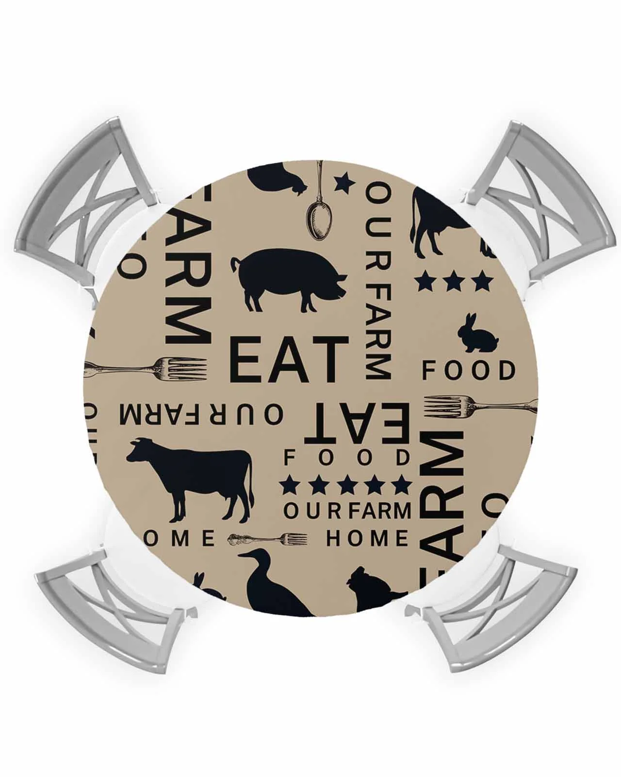 Farmhouse Brown Table Cloth, Round Fitted Tablecloths with Elastic Edge, Wipeable Waterproof Table Cover for Kitchen Wedding 36-44 Inches Farm Star Fork Pig Chicken Duck Bunny Cow