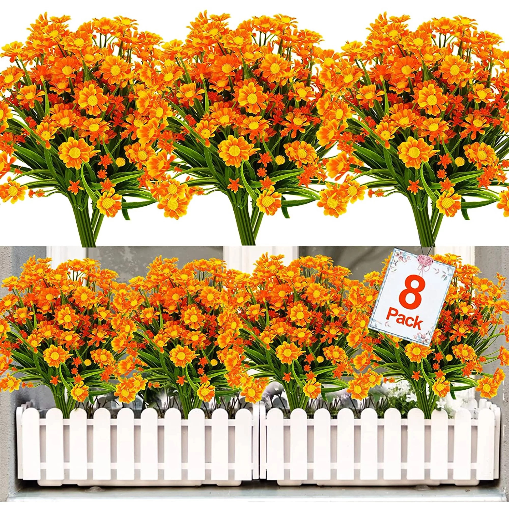 12 Bundles Artificial Daisies Flowers Outdoor UV Resistant Fake Foliage Greenery Faux Plants Shrubs Plastic Bushes for Window Box Hanging Planter Farmhouse Indoor Outside Decor（Orange Red）