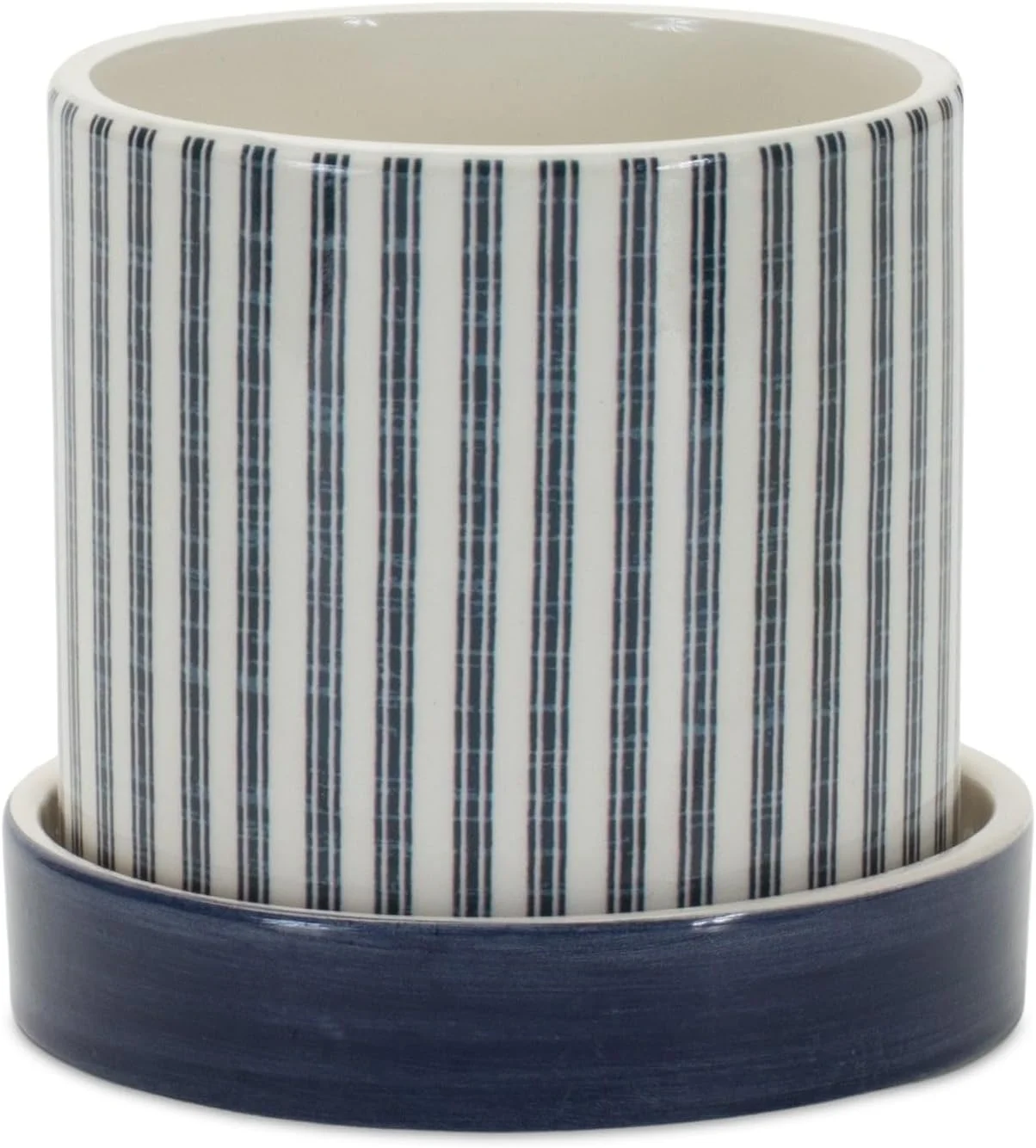 Geometric Pattern Planter with Plate (Set of 2) Blue Mid-Century Modern Round Stone