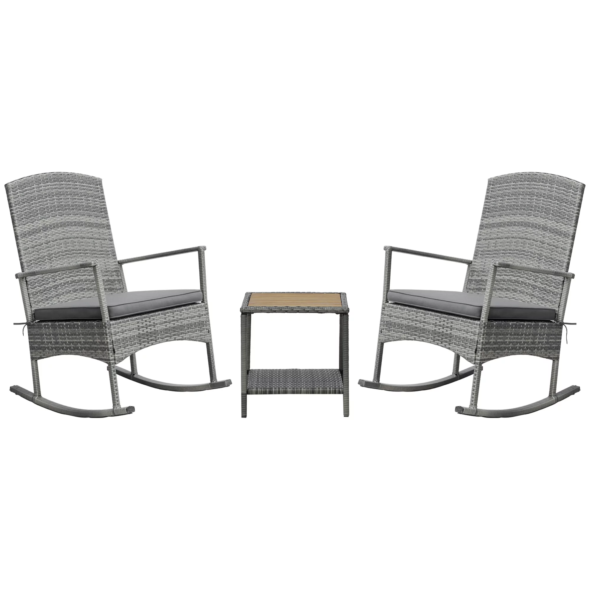 Outsunny 3 Piece Patio Rocking Chair Set, 2 PE Wicker Rocking Chairs, Cushioned, 1 Two-Tier Wood Slat Coffee Table, Rattan Front Porch Furniture, Gray