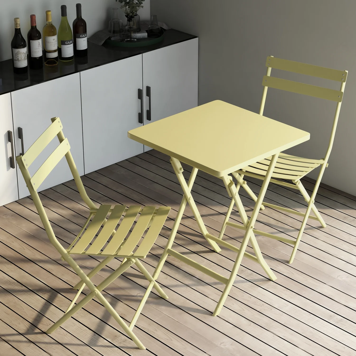 3 Piece Patio Bistro Set of Foldable Square Table and Chairs  Yellow