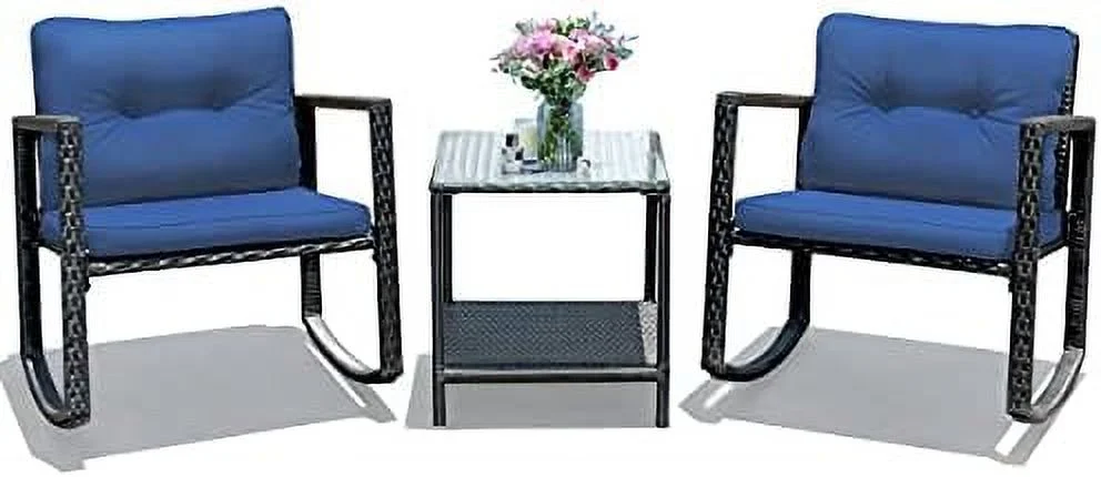 ZWGHLI 3 Pieces Patio Wicker Rocking Set  Outdoor Rocking Chairs and Table Set with Cushions  Glass Coffee Table with    Suitable for Patio  Garden  Poolside  Balcony (Beige)