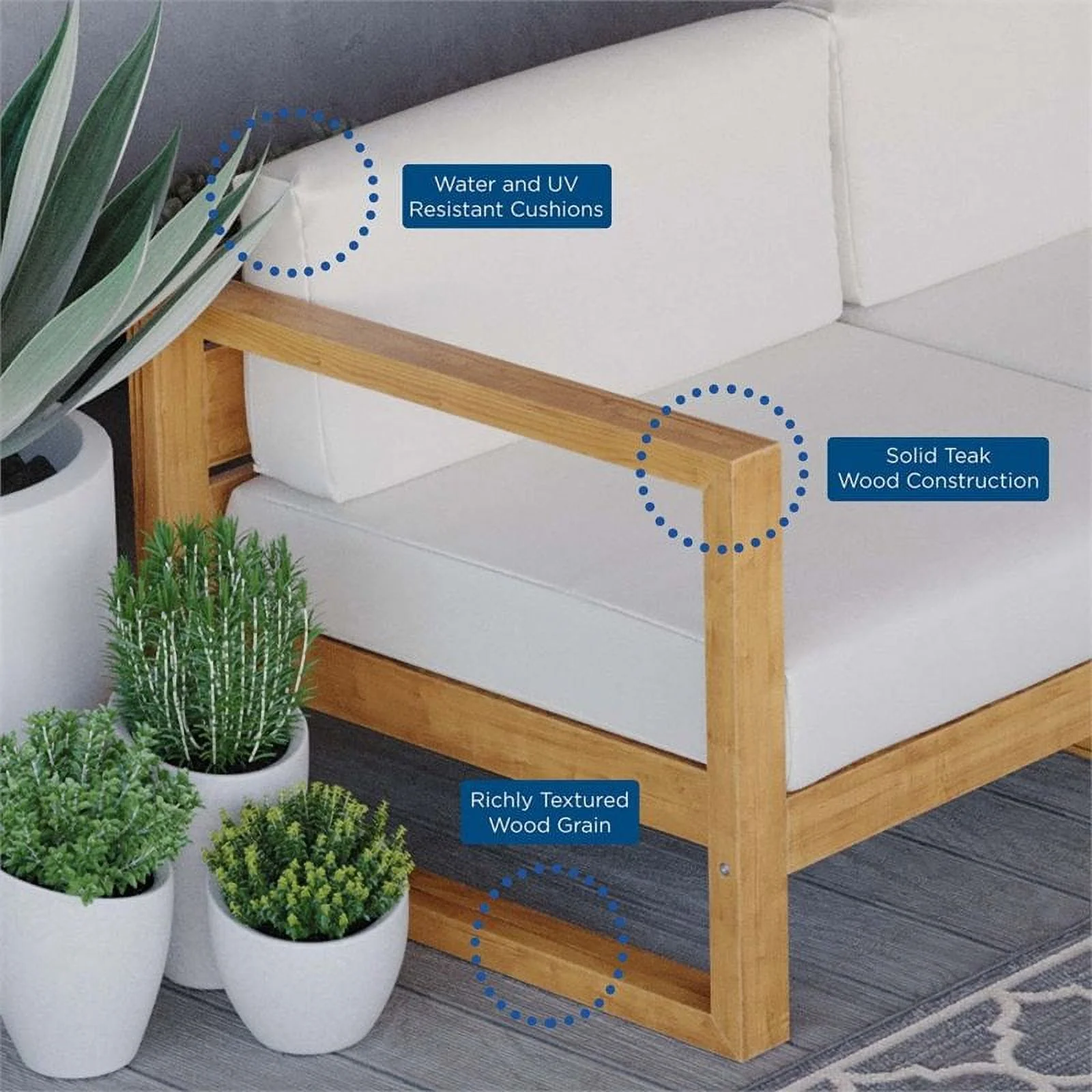 Afuera Living 3 Piece Solid Teak Wood Patio Sofa in Natural and White