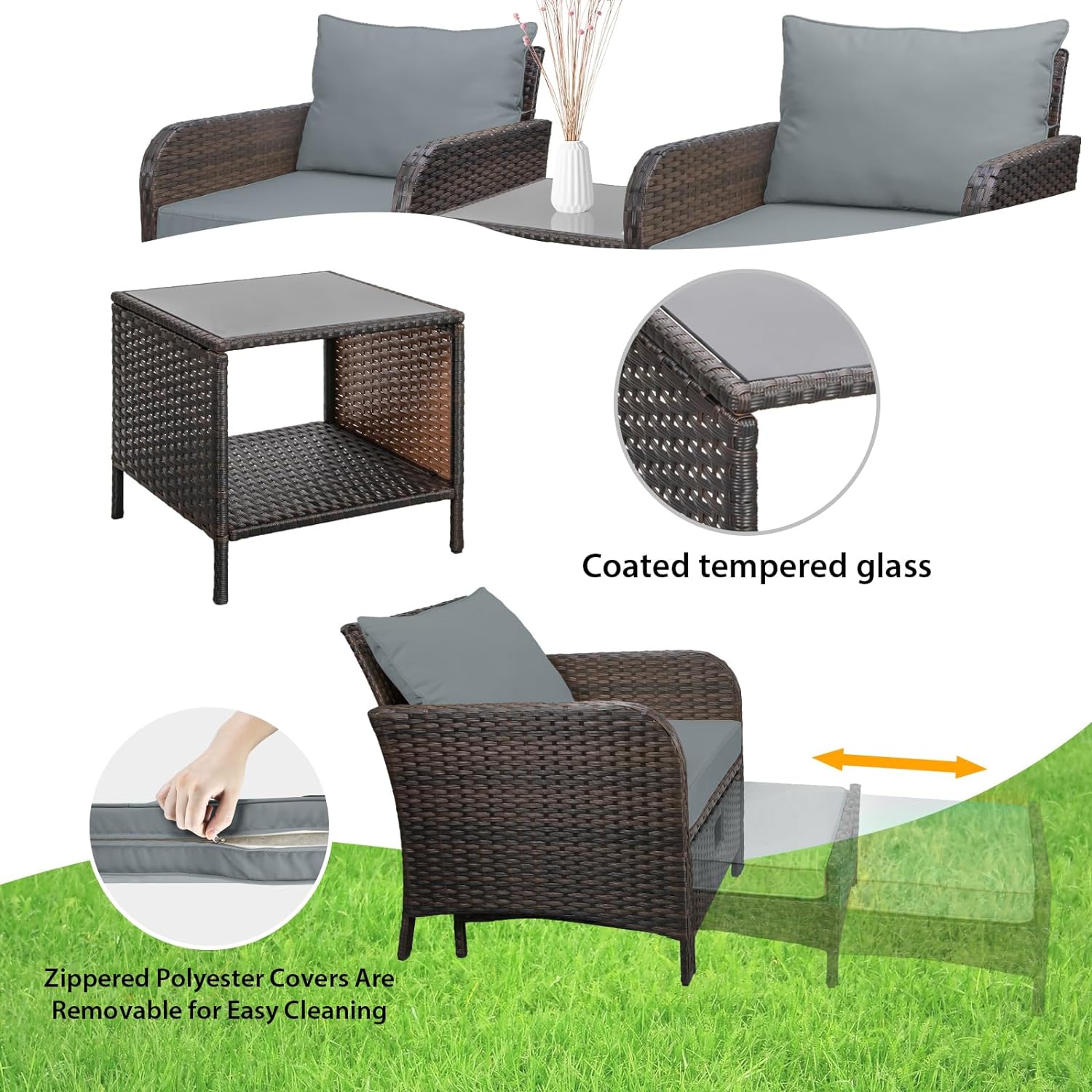 Dina Balcony Furniture 5 Piece Patio Conversation Set  PE Wicker Rattan Outdoor Lounge Chairs with Soft Cushions 2 Ottoman&Glass Table for Porch  Lawn-Brown Wicker