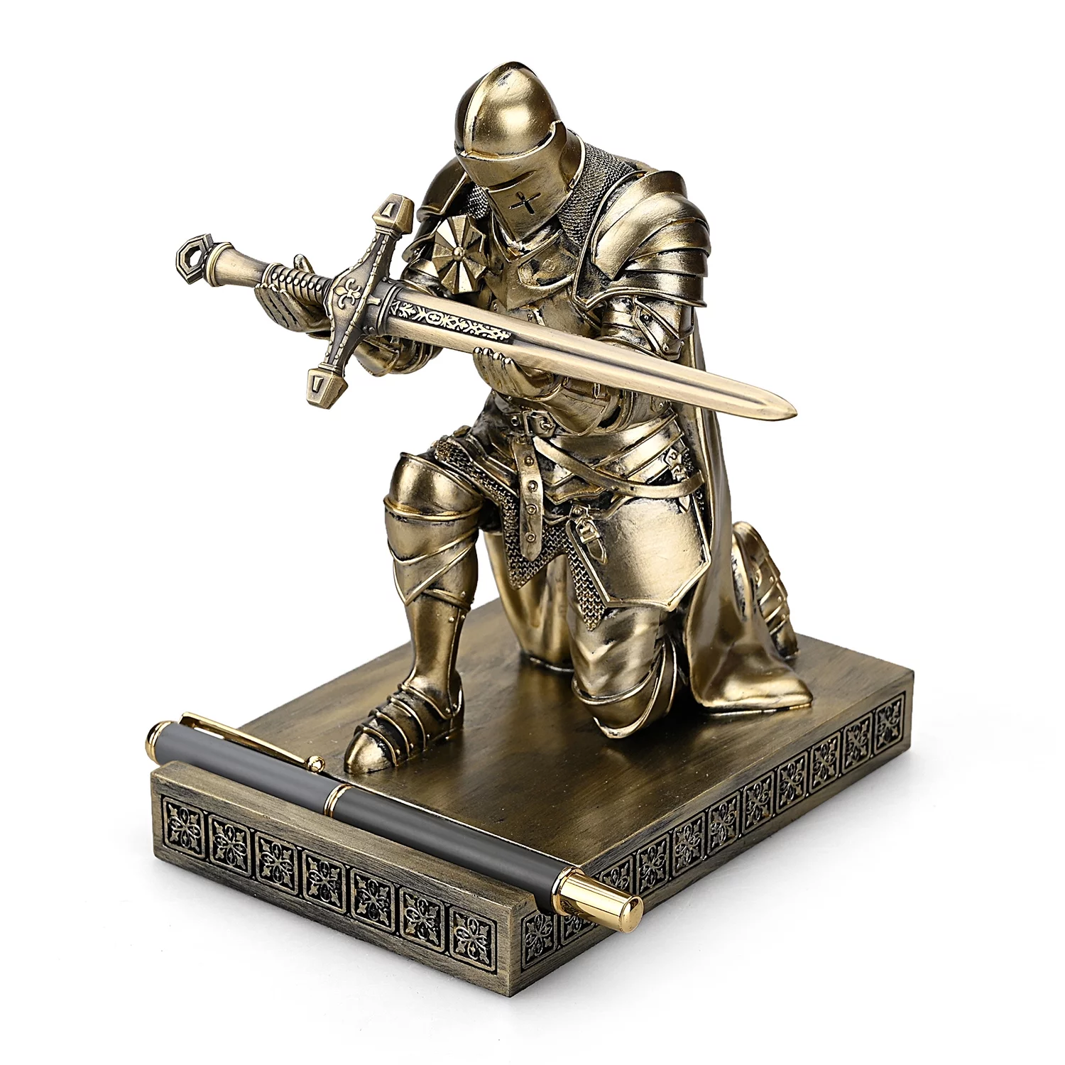 HDMbigmi King's Guard Leader Cloak Warrior Pen Holder Mobile Phone Stand, Resin Pen Stand Paperweight with a Metal Sword Letter Opener for Office and Home (Copper)