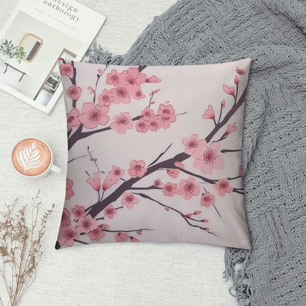 Chilfamy  Flower Pink Plum Decorative Pillow Covers,Pink Cherry Blossom Flower Double Sided Throw Pillow Covers Sofa Cushion Cover Square
