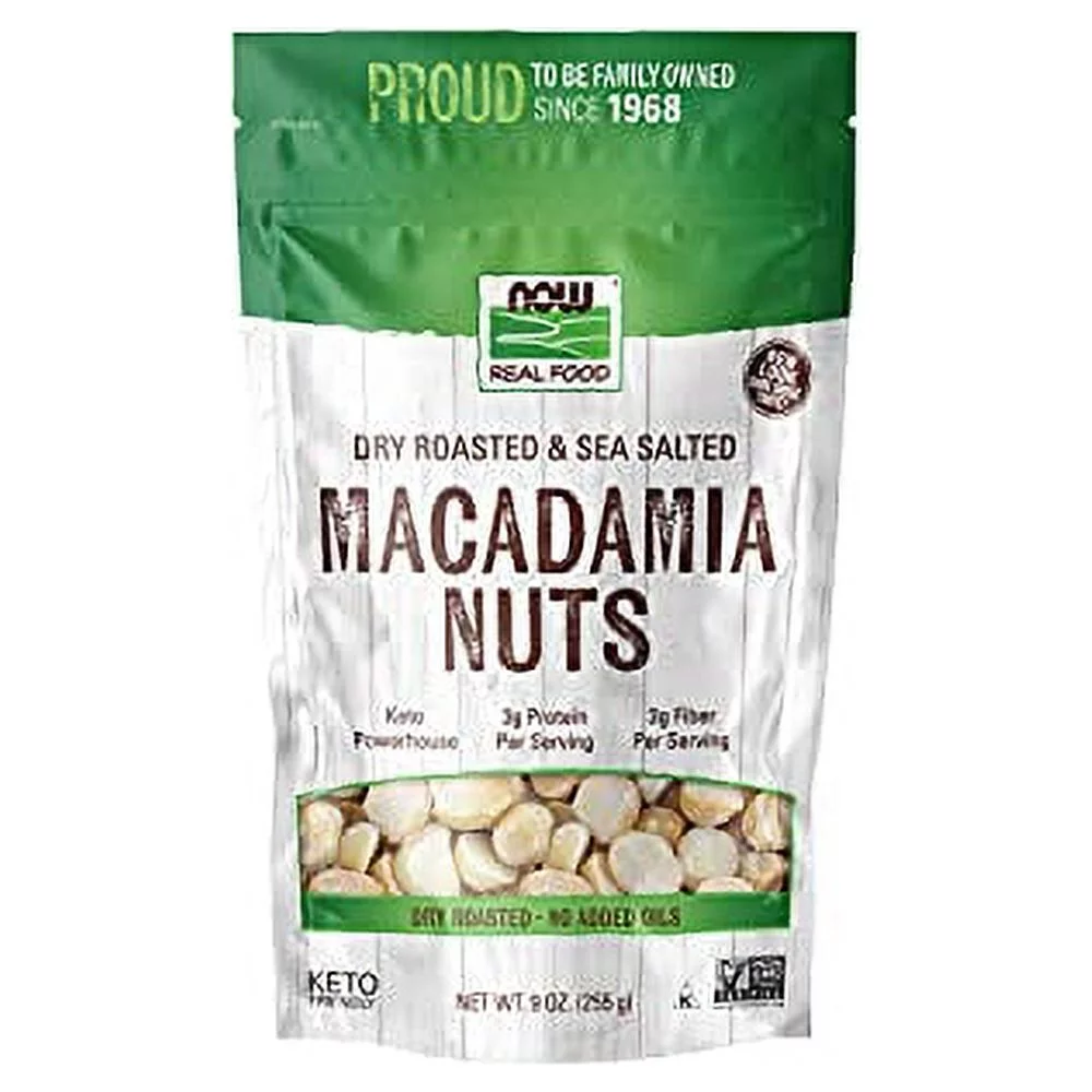 NOW Natural Foods, Macadamia Nuts, Dry Roasted with Sea Salt, Source of Fiber, Gluten-Free and Certified Non-GMO, 9-Ounce (Packaging May Vary)