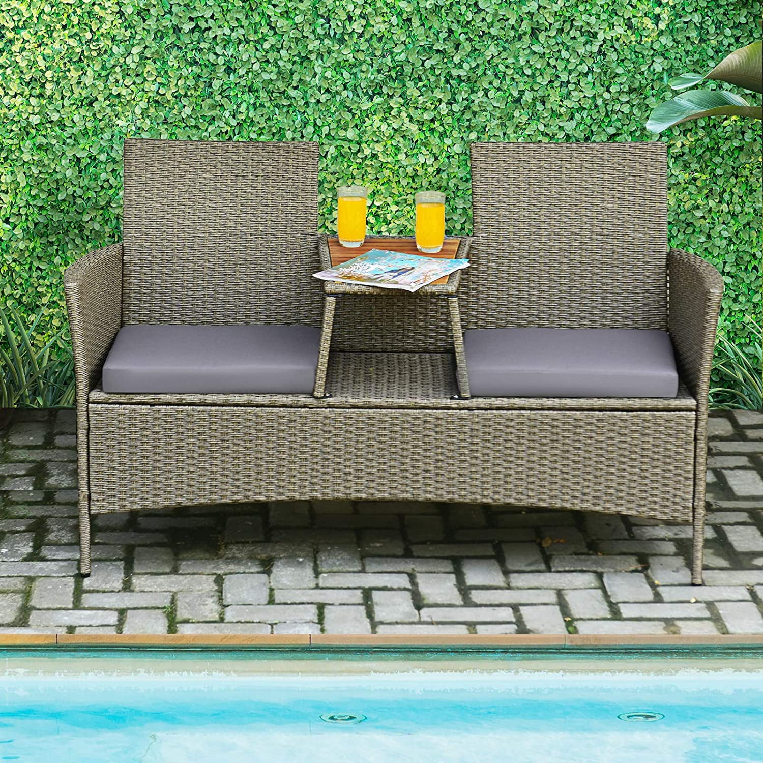 Elegant Outdoor Rattan Loveseat, Elegant 2-Person Wicker Conversation Set w/Cushion, Modern Wicker Sofa Set with Built-in Acacia Wood Tabletop & Storage Space for Backyard Poolside Lawn (Grey)
