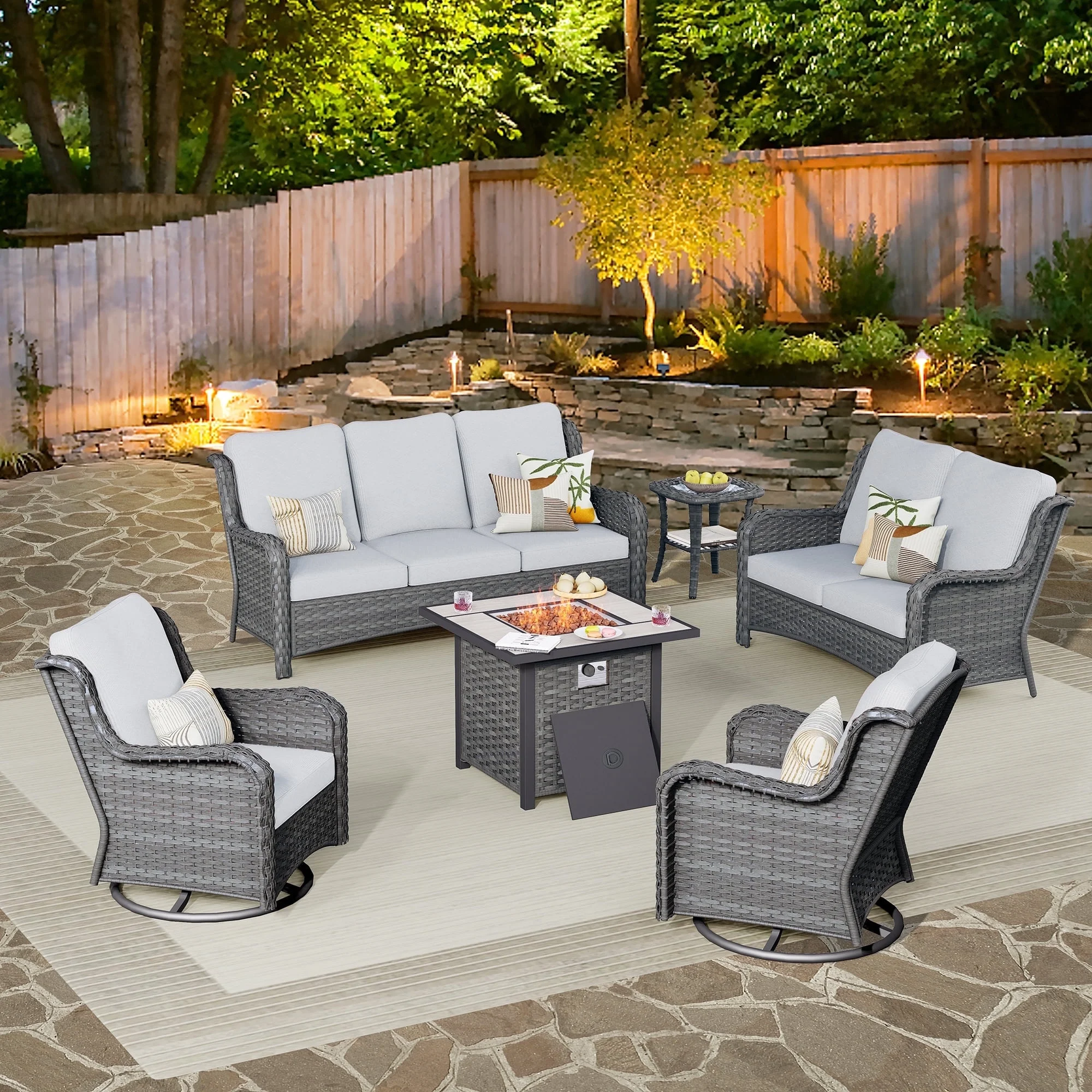 Vcatnet 6 Pieces Outdoor Patio Furniture Sectional Sofa All-weather Conversation Set with Swivel Rocking Chairs and Fire Pit Table for Garden,Poolside,Gray