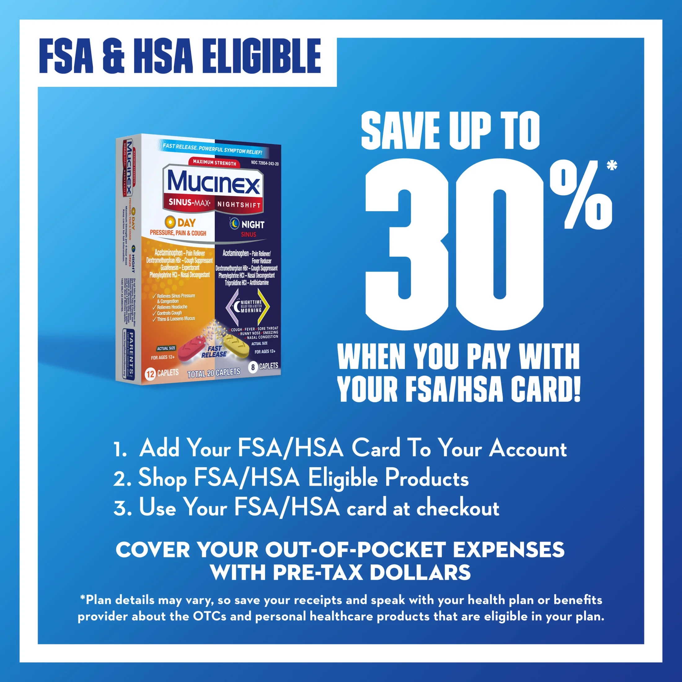 Mucinex Sinus-Max Day Pressure, Pain & Cough & Nightshift Sinus Medicine, OTC Symptom Relief, 20 Caplets