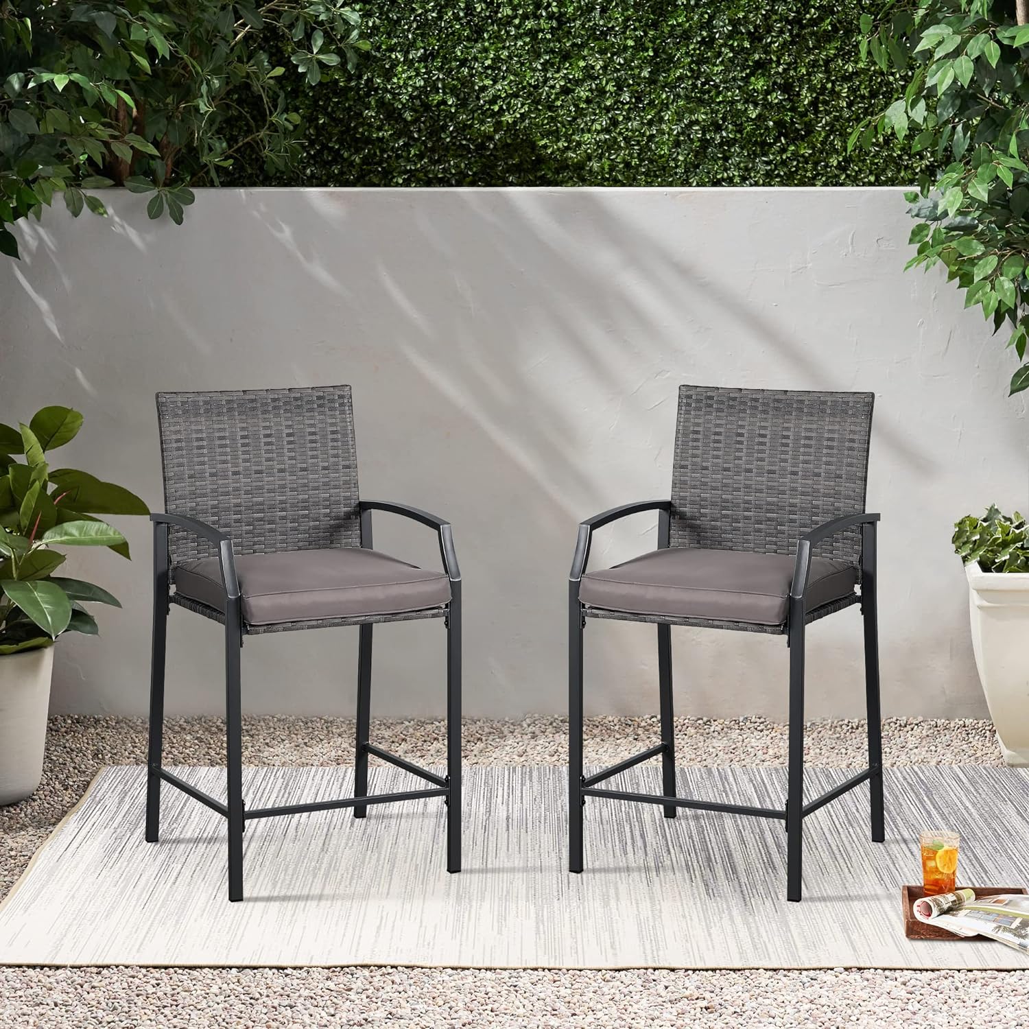 HBROLJF Patio  Chair   All Weather Outdoor Rattan  Stools Chairs with Soft Cushion for Patio  Backyard  Porch  Garden or Poolside