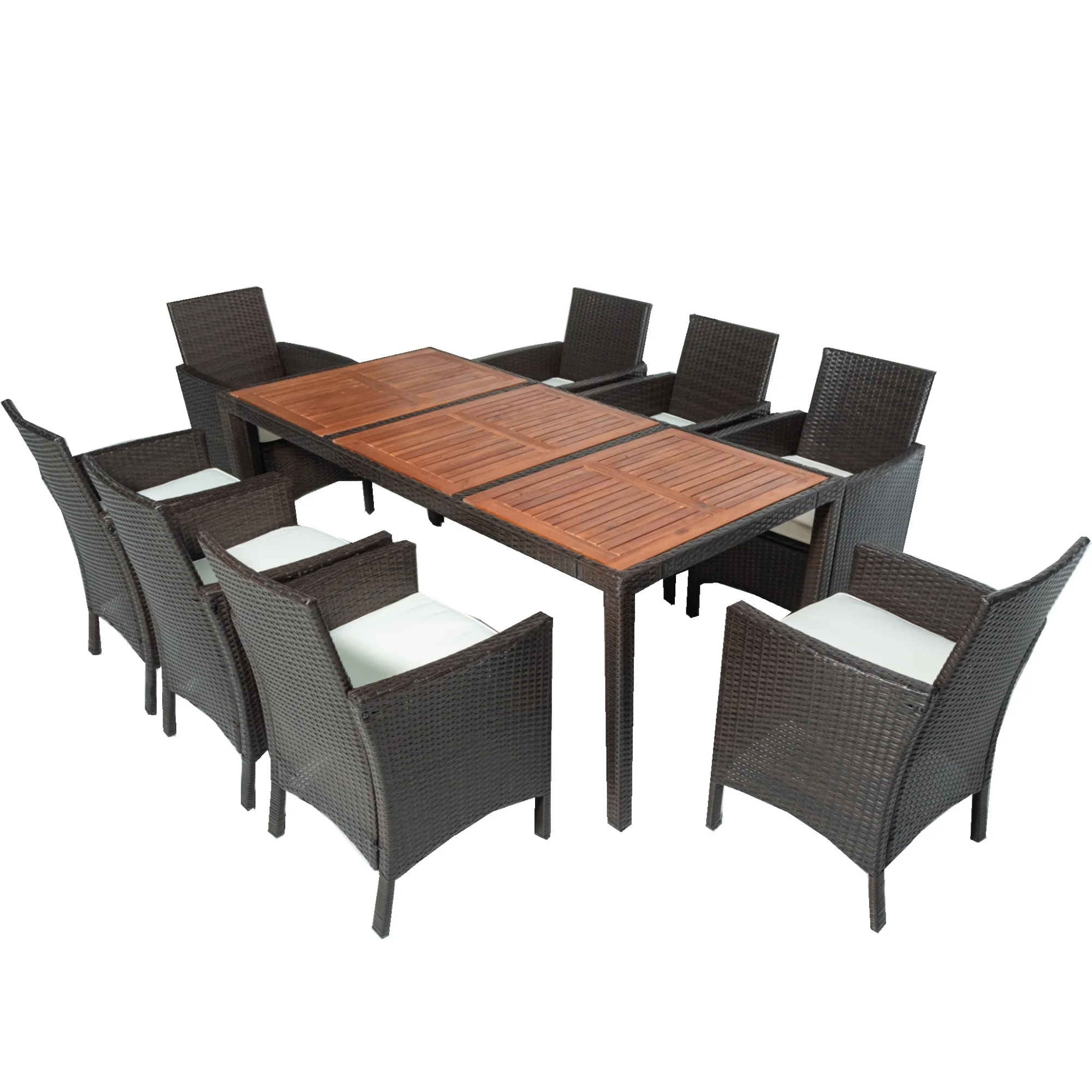 9 Piece/Set ,Rugged and Durable,Outdoor  Wicker Dining Set Wicker Furniture Dining Set with Acacia Wood Top Brown Wicker + Crème Cushion ,Equipped with Seat Cushions and Wide Armrests