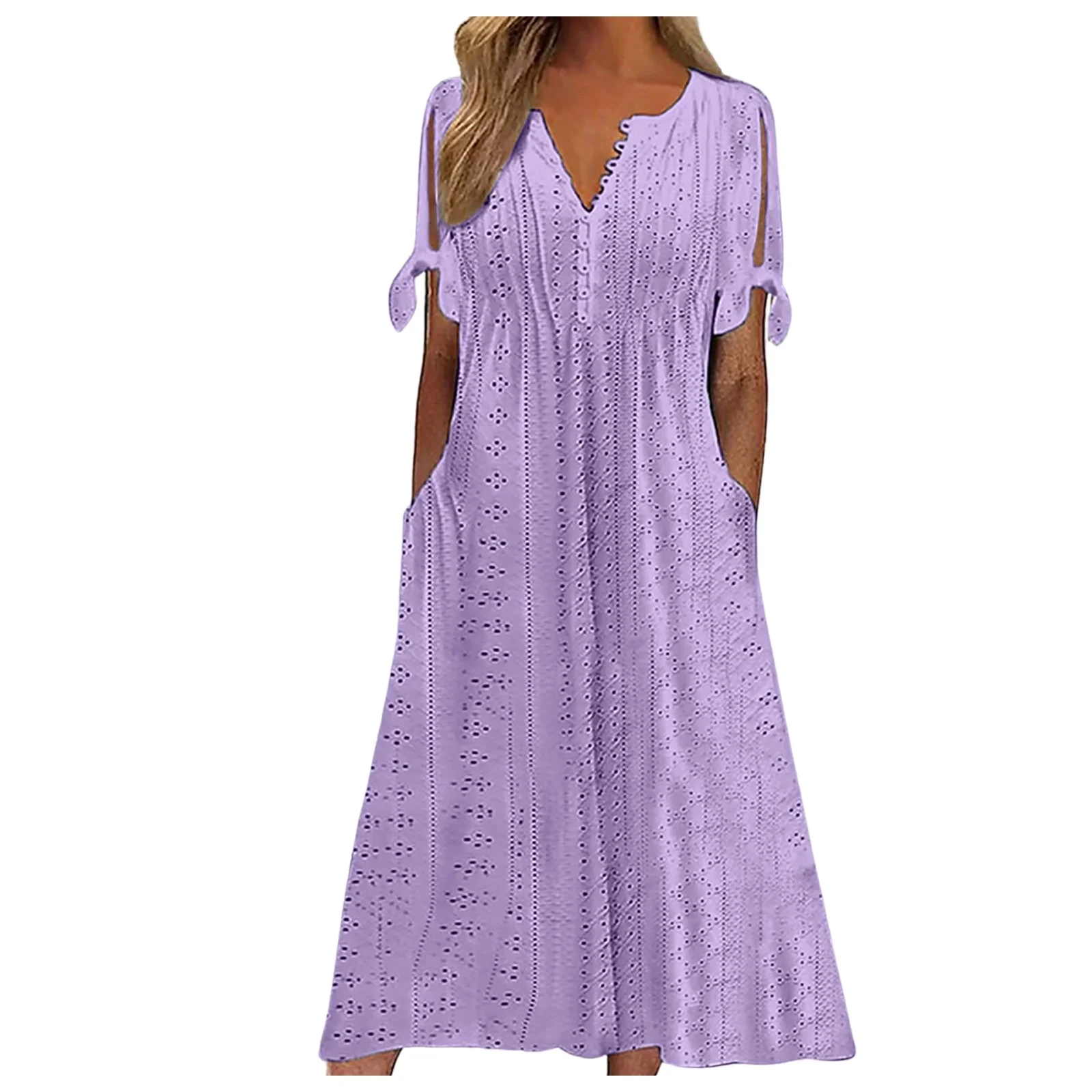 Summer Jean Skirt Women'S Casual Pleated Dress Solid Lace Hollow Button Pocket Dress Bow Short Sleeve V Neck Midi Dress Maxi Skirt