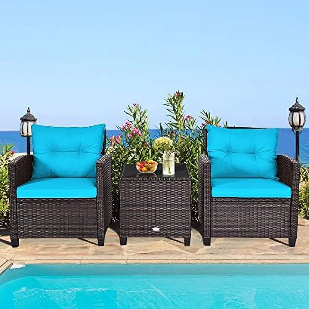 xrboomlife 3 Pieces Patio  Set Outdoor  Rattan Wicker Chairs and Table Set  Balcony Porch Conversation Set with Washable Cushions & Tempered Glass Coffee Table