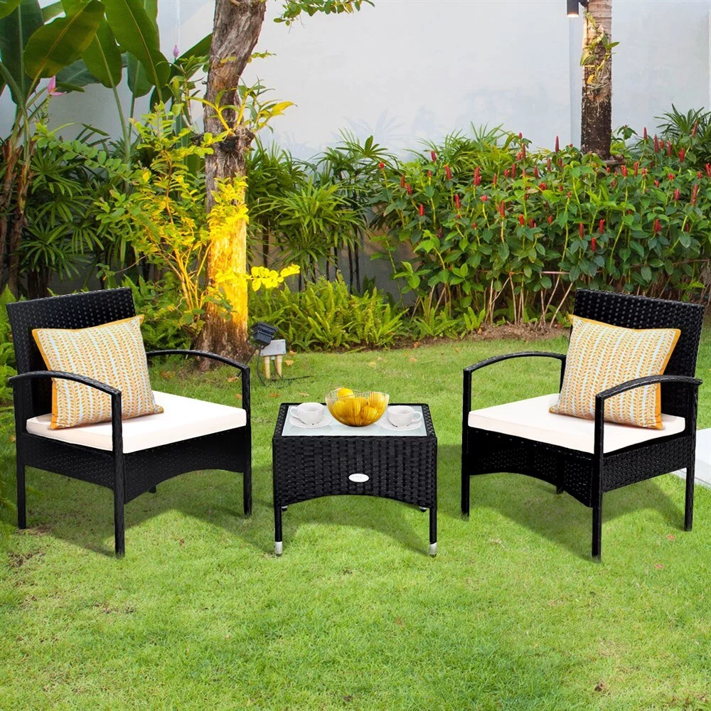3 PCS Furniture Set Table & 2 Chair Patio Wicker Rattan W/Cushion