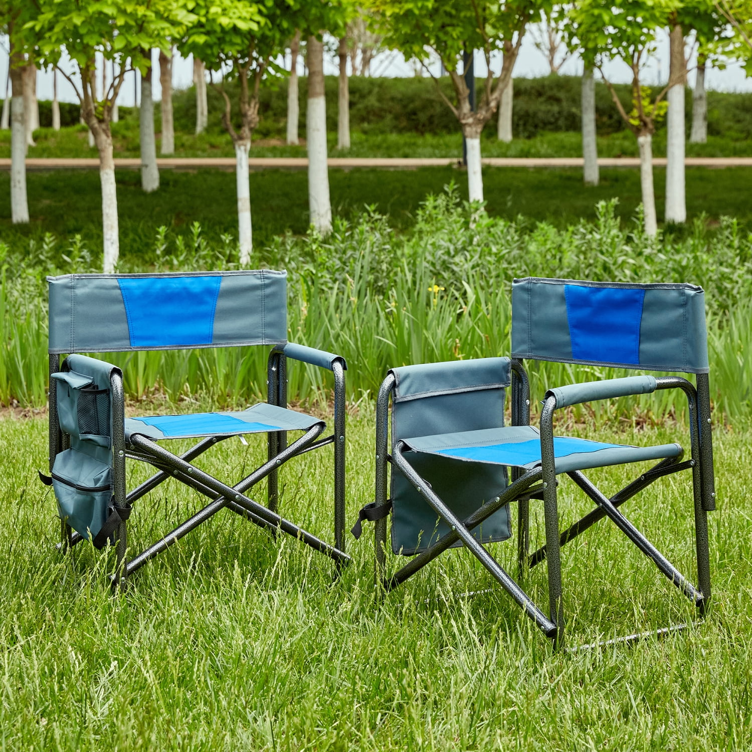 LEIYEHOOM 2-piece Padded Folding Outdoor Chair with  Pockets Lightweight Oversized Directors Chair for indoor  Outdoor Camping  Picnics and Fishing Blue/Grey