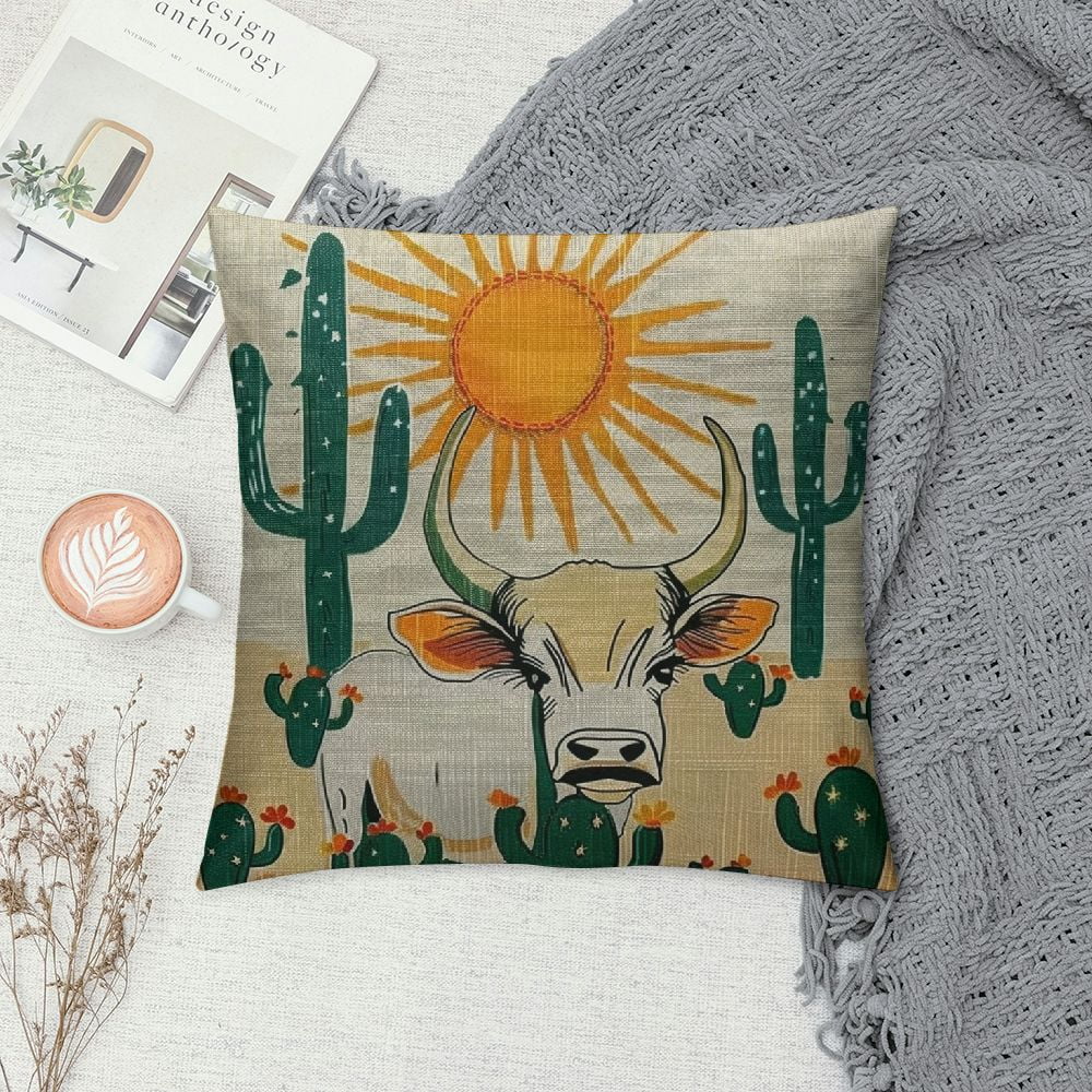 nygtbtfer Retro Western Bull Skull Cactus Sunset Desert Moon Landscape Throw Pillow Cover,Teen Girls Boys Cowgirl Cowboy Gifts,Wild West Decorative Linen Cushion Cover for Sofa Couch Bed White