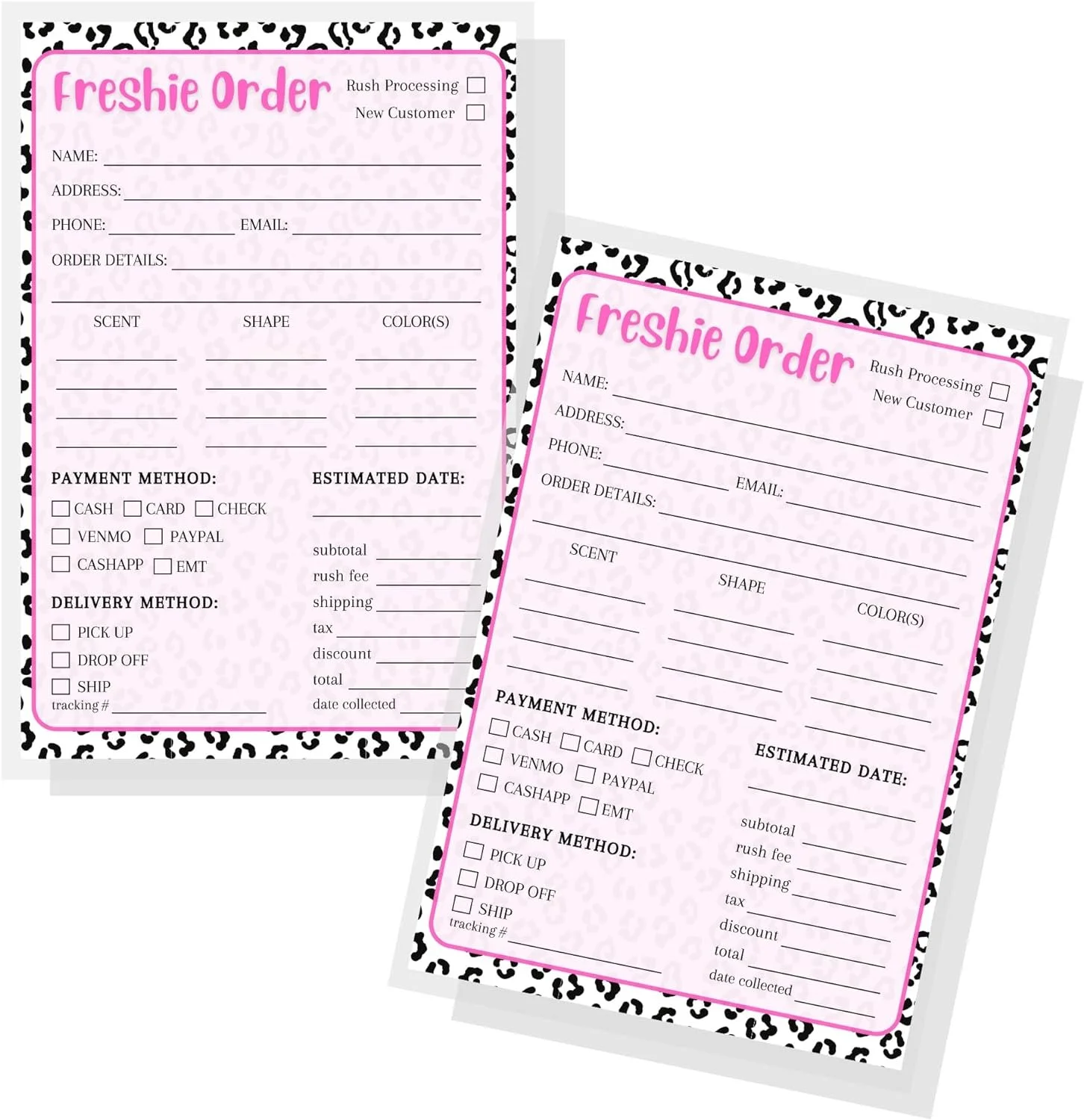 Freshie Order Form  50 pk 5x7 Scent Label for Customer Re-Orders Bulk Leopard and Pink for Custom Orders Sheet Care Instructions