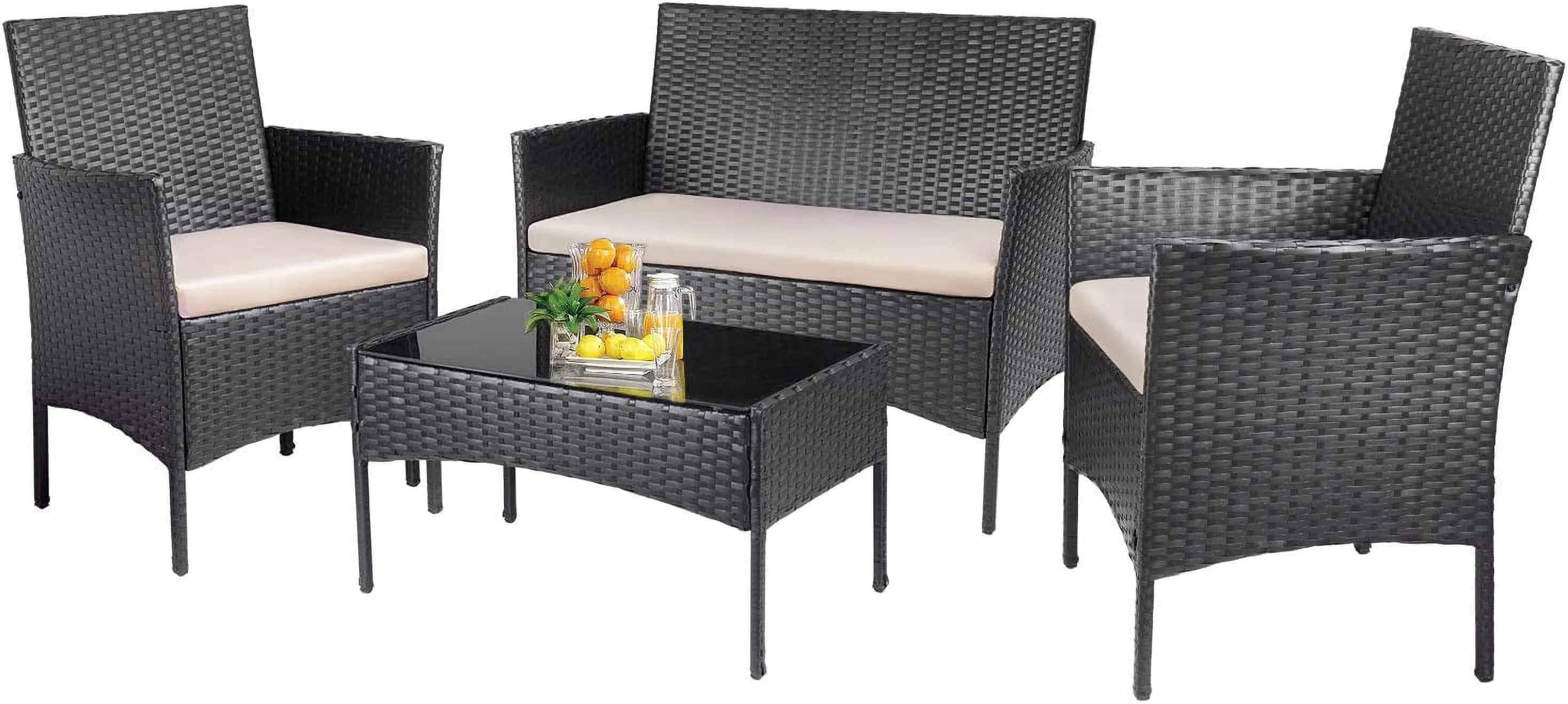 Patio Outdoor 4 Pieces Indoor Use Conversation Sets Rattan Wicker Chair With Table Backyard Lawn Porch Garden Poolside Balcony Furniture, Black