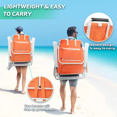 OFIKA Backpack Beach Chair for Adults,Beach Chair with 5 Position,High Back Flat Beach Chairs with Headrest,Towel Bar,Cooler Bag,Storage Bag,Cup Holder,Phone Holder