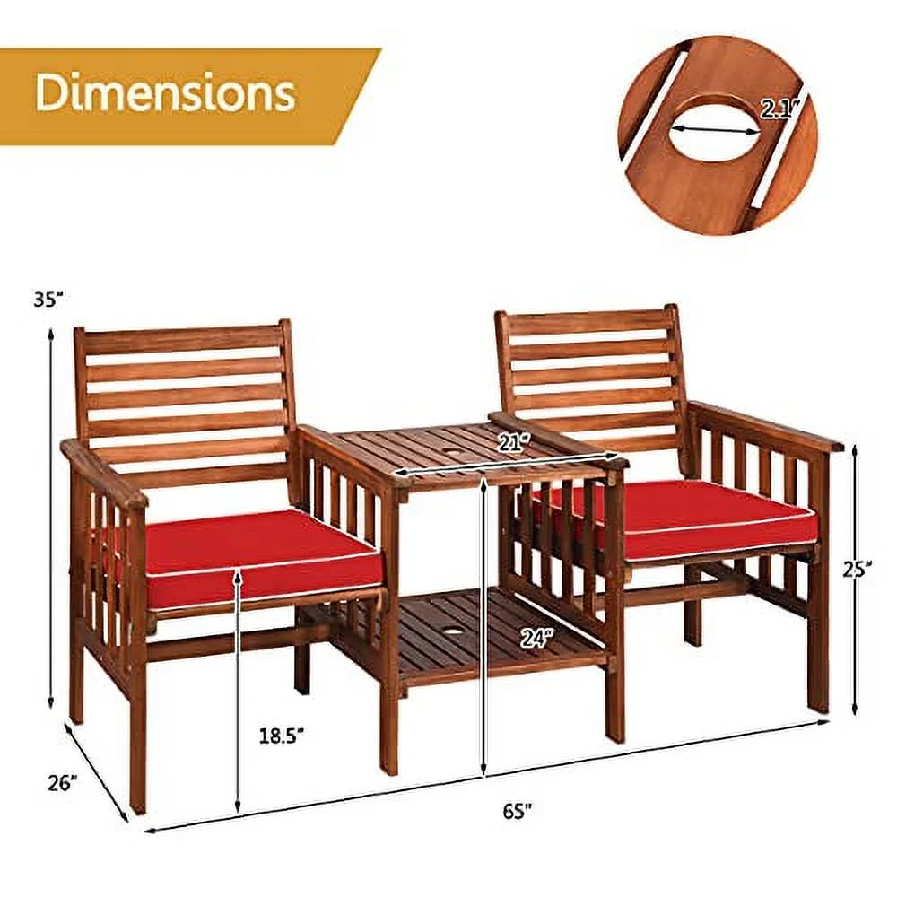HAPPYGRILL Acacia Wood Loveseat with Table Patio Bistro Set Wooden Table Chairs Set with Cushions, Outdoor Furniture Set with 2.1 inch Umbrella Hole for Garden Balcony