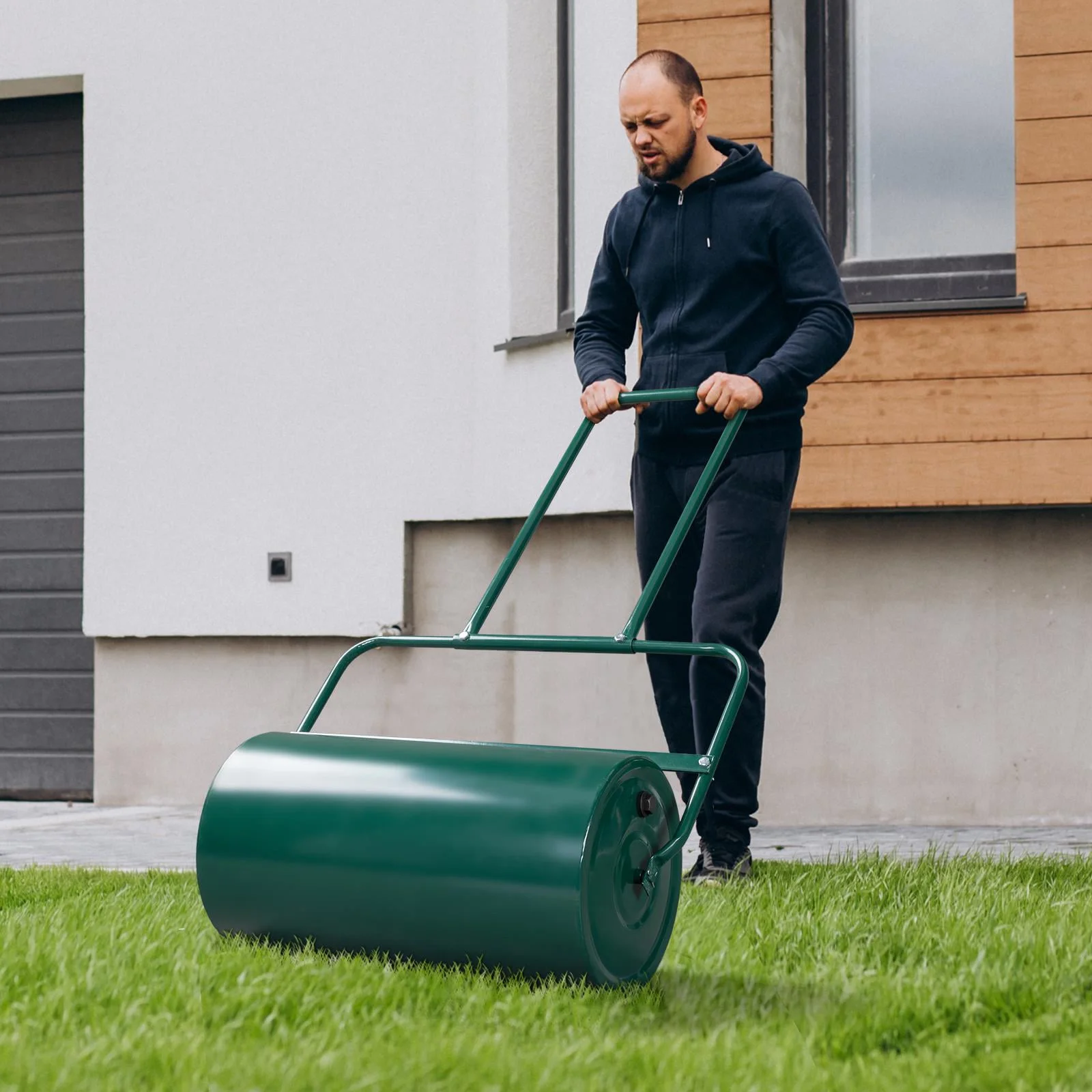 24in Garden Roller Lawn Steel Water Filled Push for Garden, Yard Green