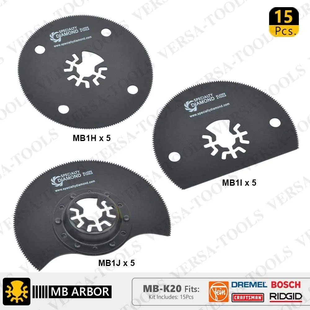 Versa Tool MB-K20 80mm Circular, Semi-Circular Saw Blade Kit Compatible with Fein Multimaster, Dremel, Bosch, Craftsman, Ridgid Oscillating Tools / 15pk